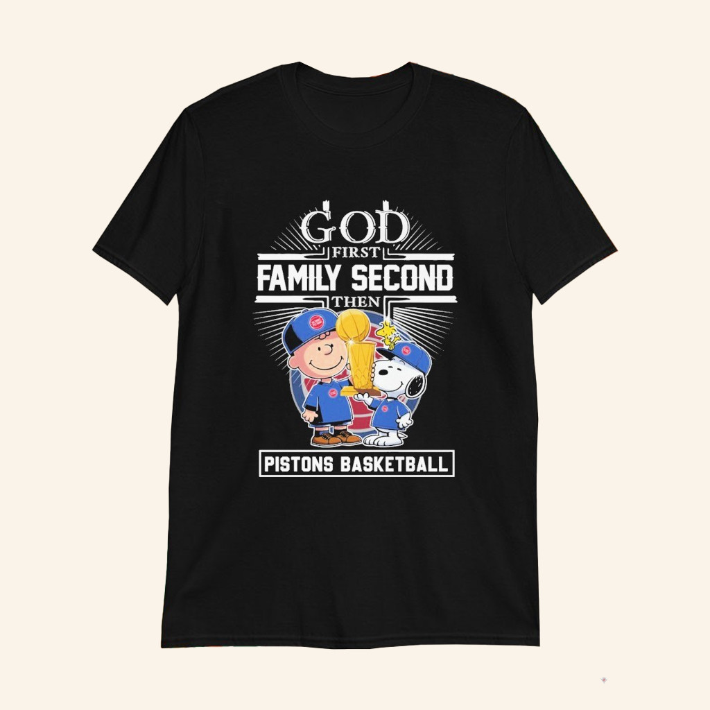Snoopy And Charlie Brown God First Family Second Then Detroit Basketball Trophy T-Shirt Gifts