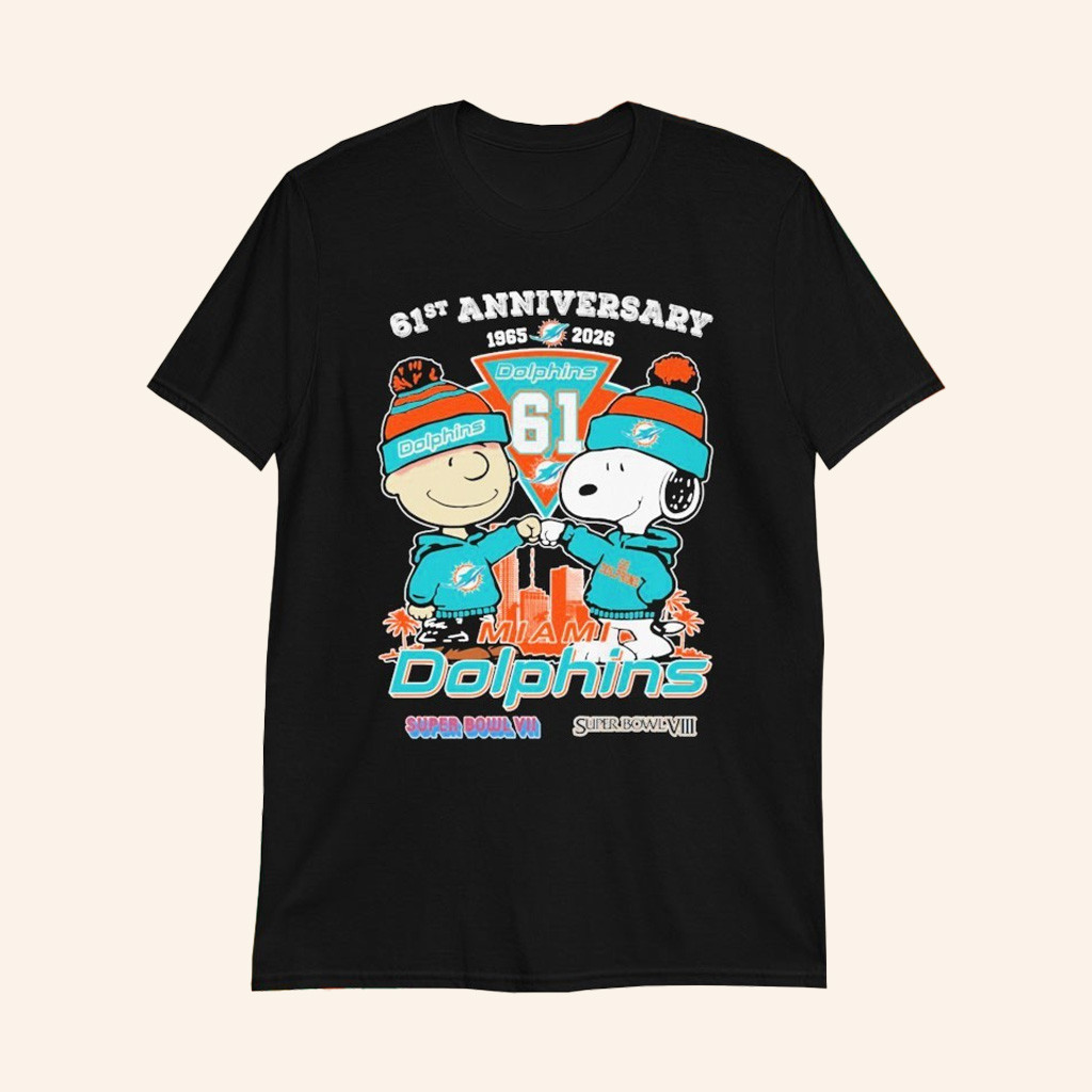 Snoopy And Charlie Brown The Peanuts Miami Dolphins 61Th Anniversary 1965 2026 Super Bowl T Shirts