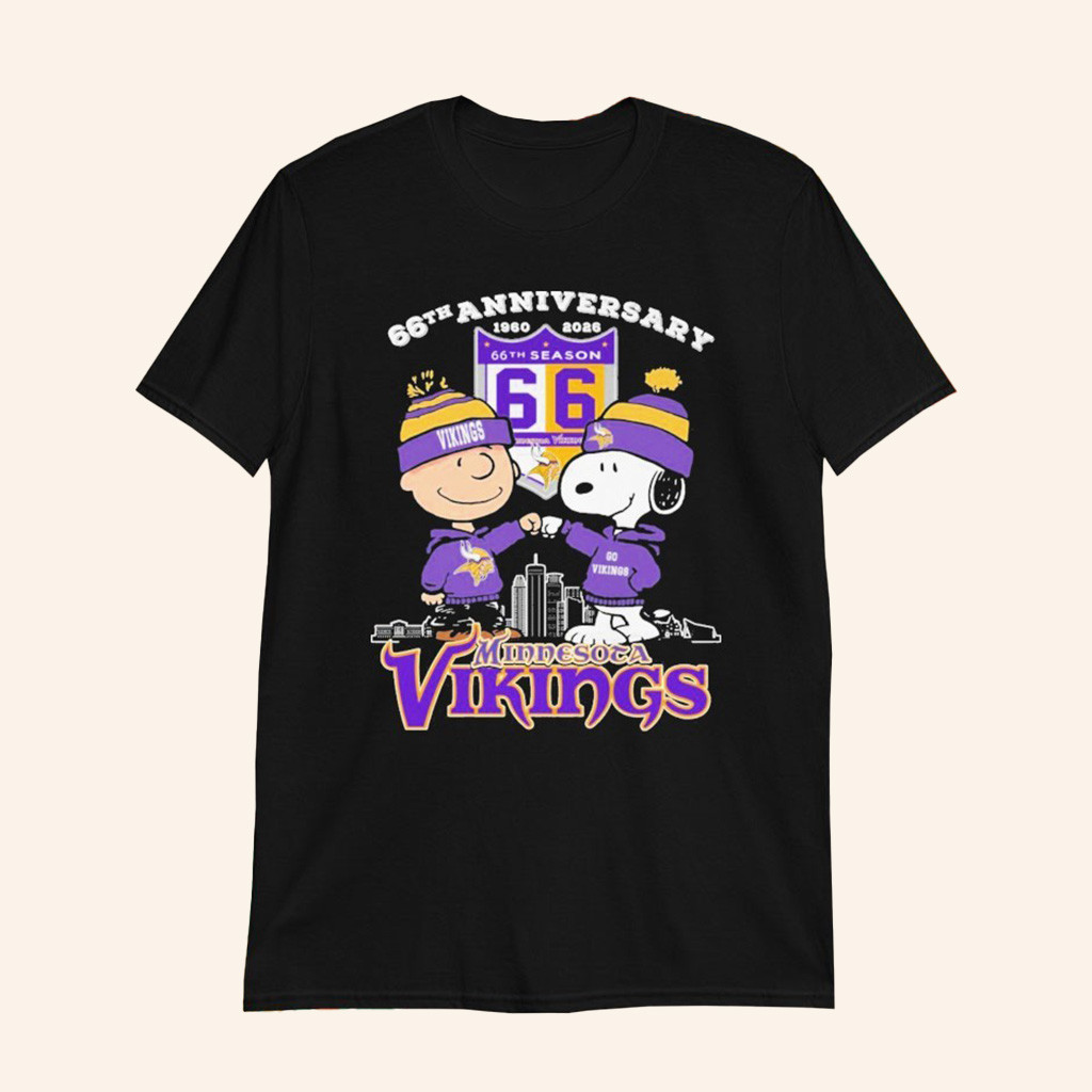 Snoopy And Charlie Brown The Peanuts Minnesota Vikings 66Th Anniversary 1960 2026 T Shirts