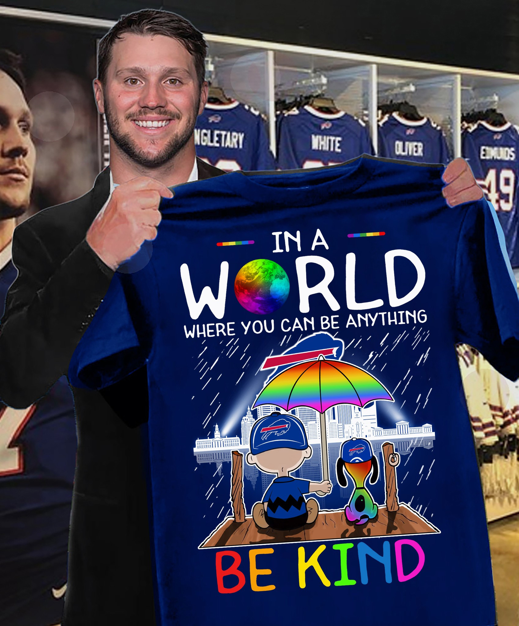 Snoopy In A World Where You Can Be Anything Be Kind Buffalo Bills T-Shirt Football Fan Gifts