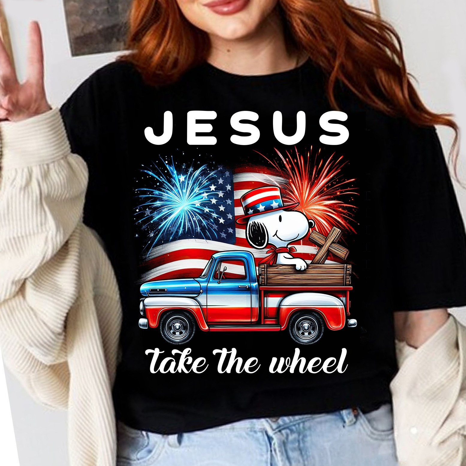 Snoopy Jesus Take The Wheels 4Th Of July T-Shirt Patriotic Cool Gift for Snoopy Lovers