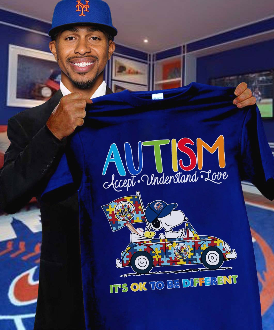 Snoopy New York Mets Autism Awareness Shirt Accept Understand Love It's Ok To Be Different