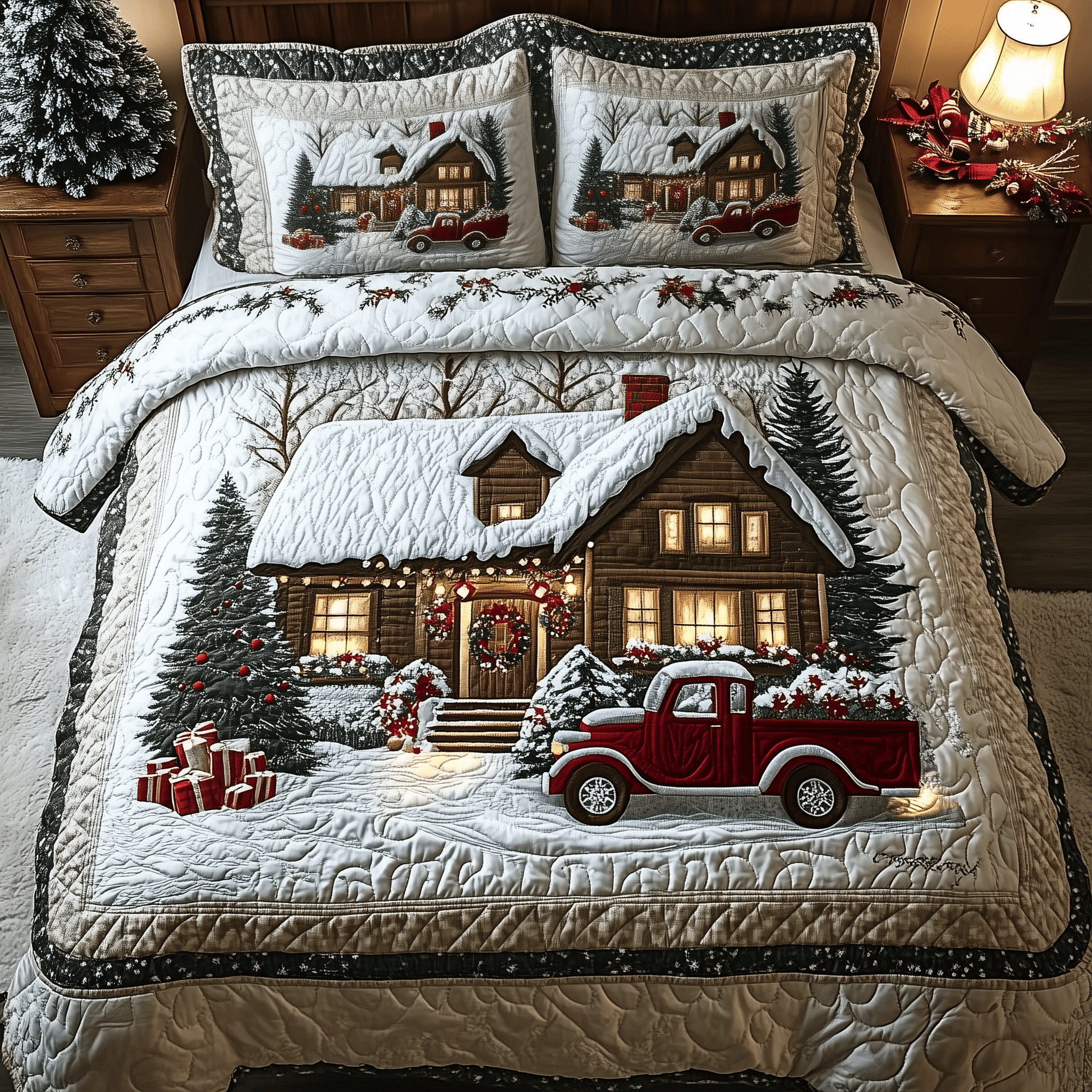 Snow Cabin Quilted Bedding Set Christmas Bedding Set Gift Experiences For Couples
