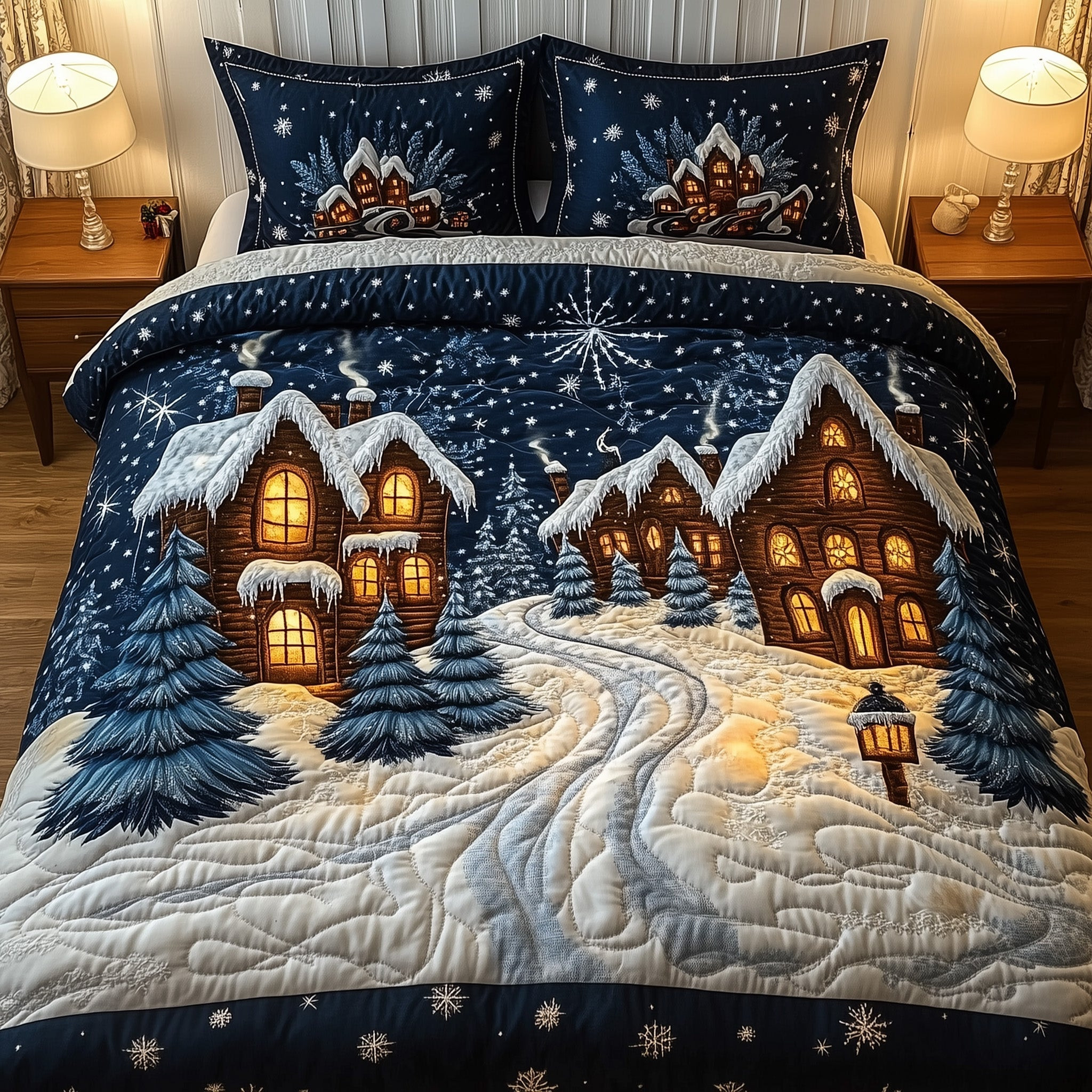 Snow Cabin Quilted Bedding Set Christmas Winter Cabin Best Cozy Xmas Bedroom Gift Ideas