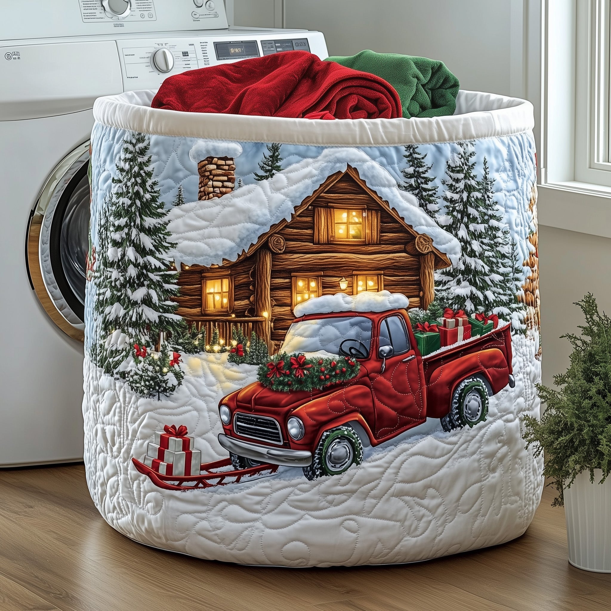 Snow Cabin Quilted Laundry Basket Father's Day Merch Gift