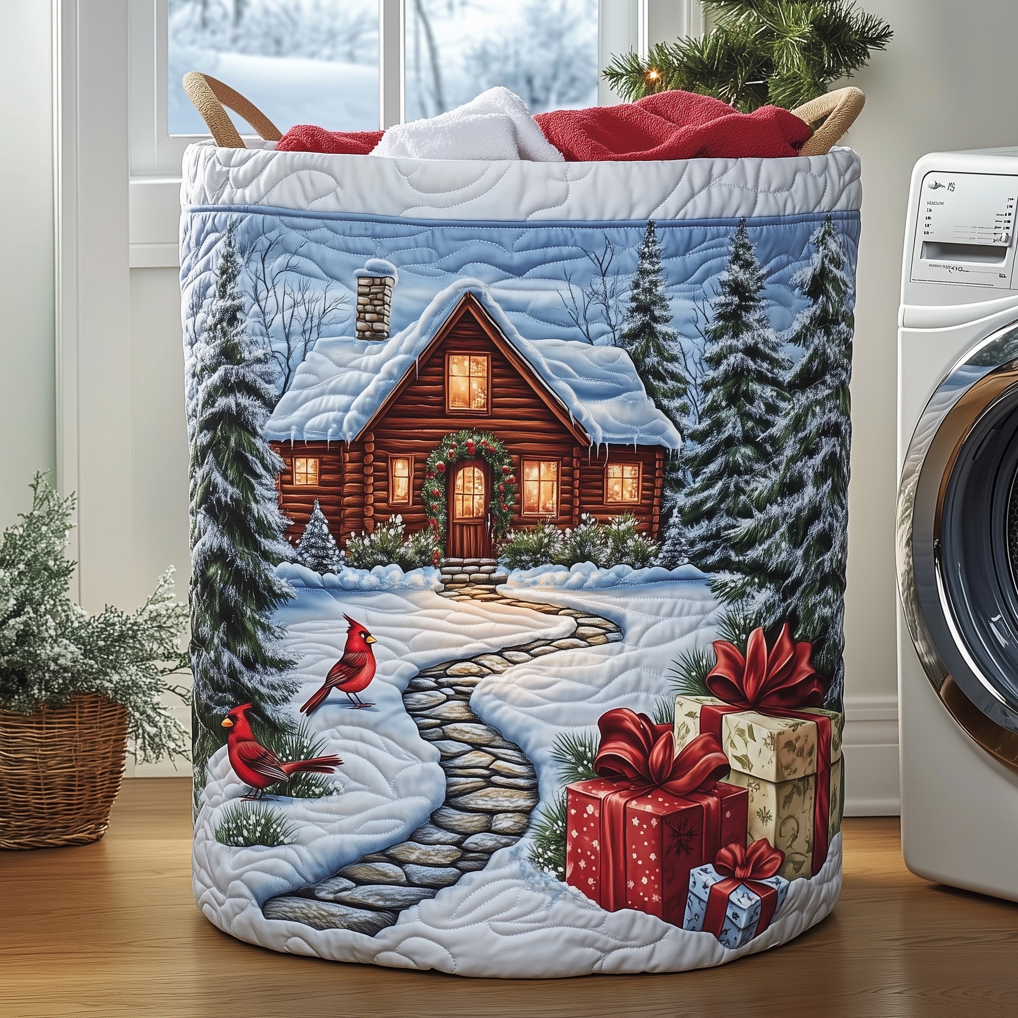 Snow Cabin Quilted Laundry Basket Halloween Merch Gift