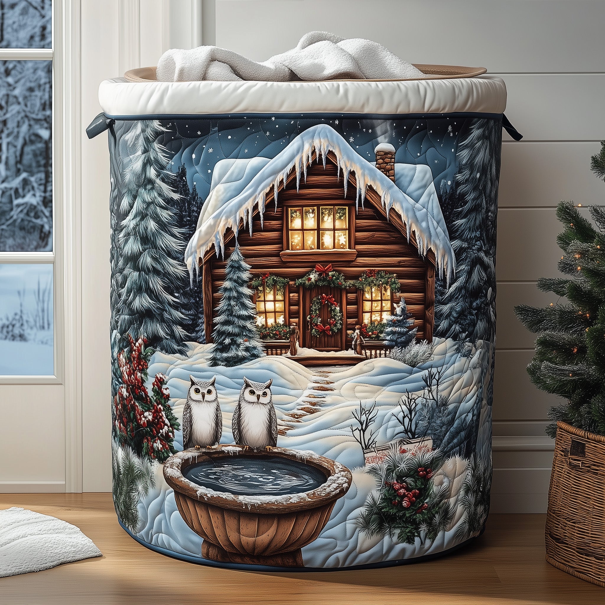 Snow Cabin Quilted Laundry Basket Merch For Her