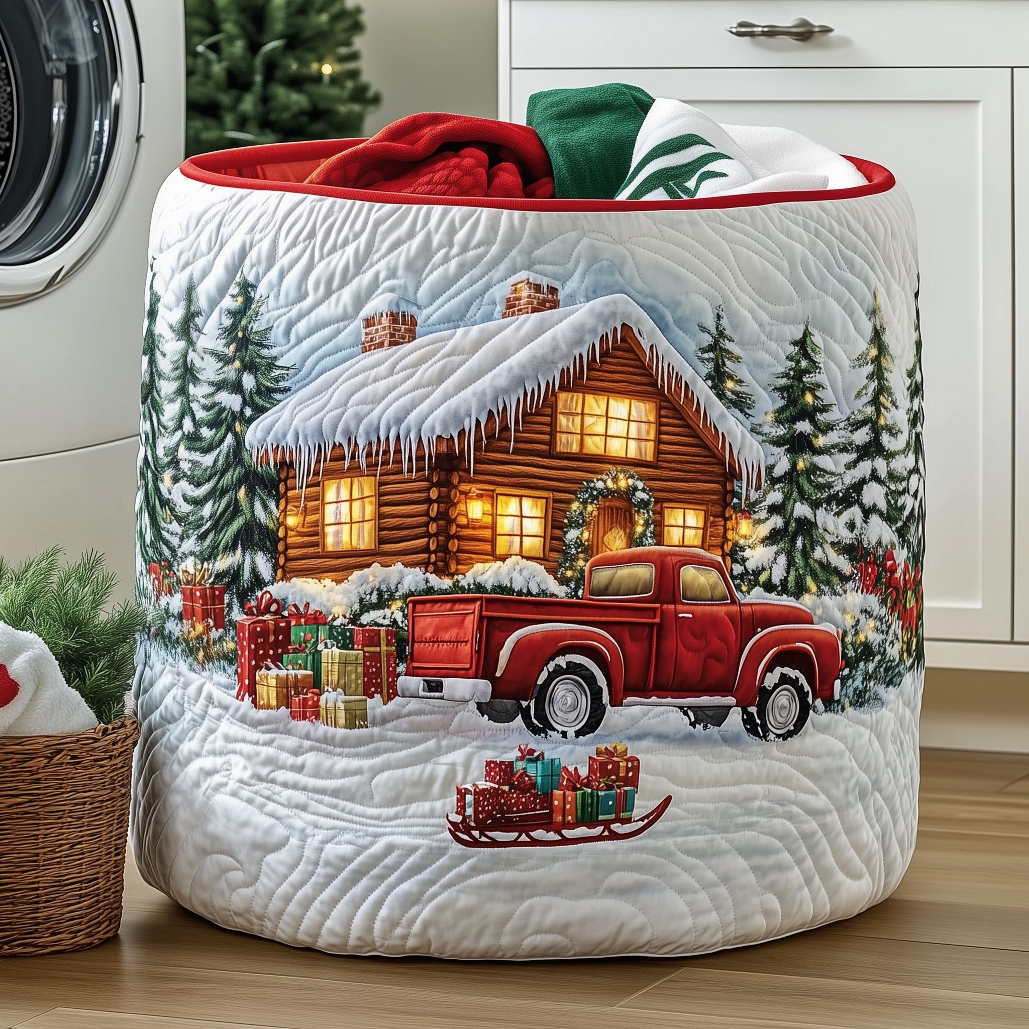 Snow Cabin Quilted Laundry Basket Valentine's Day Merch Gift