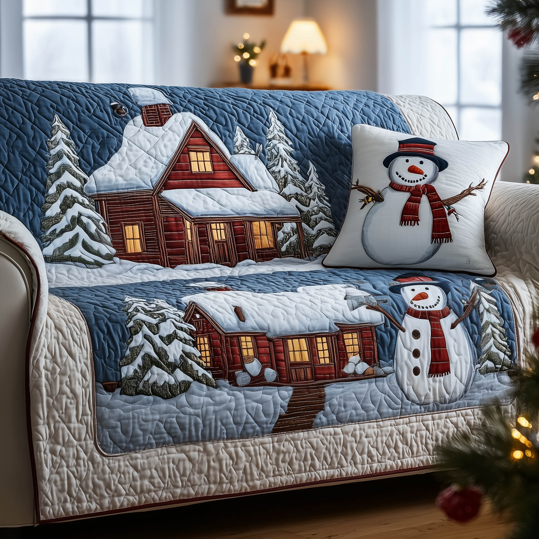 Snow Cabin Quilted Sofa Cover Warm Snow Cabin Scene Comfortable Best Christmas Throws For Sofa