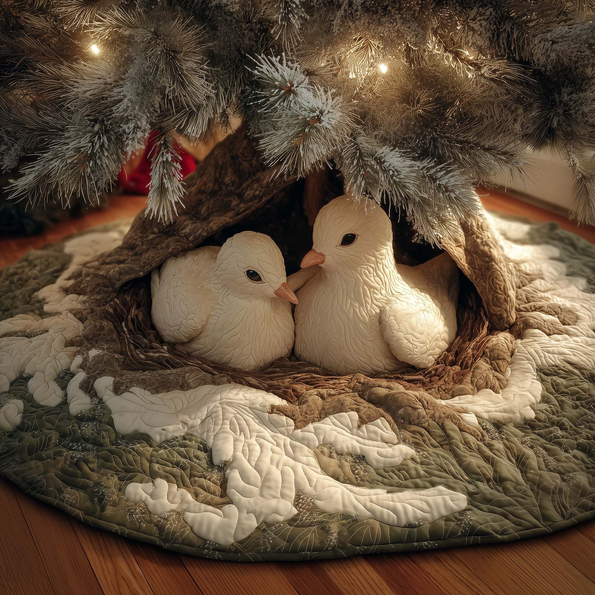 Snow Dove Christmas Quilted Tree Skirt Holiday Tree Base Cover Dove Related Gifts For Xmas