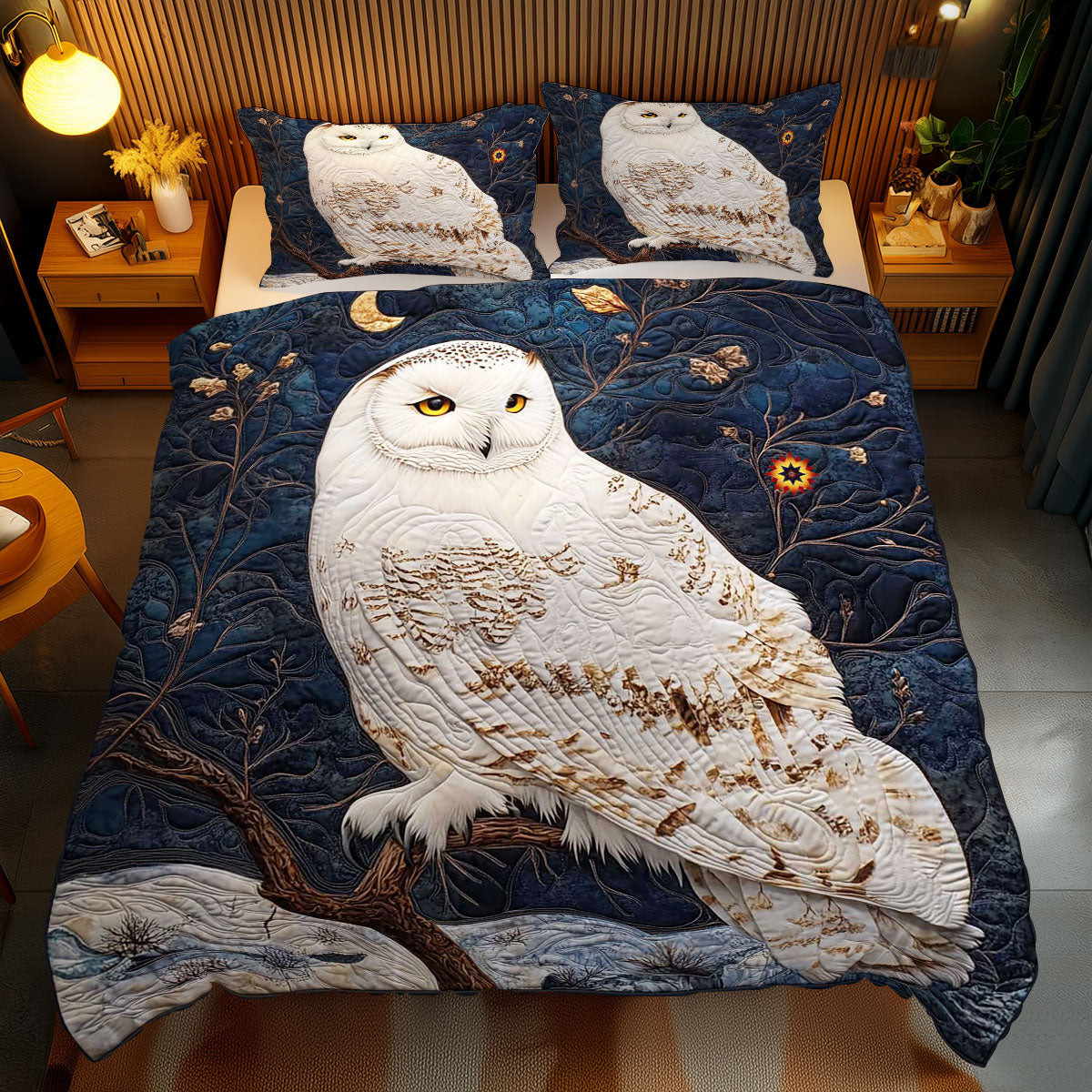 Snow Owl Winter Holiday Xmas Quilted Bedding Set Christmas Gifts For Mothers