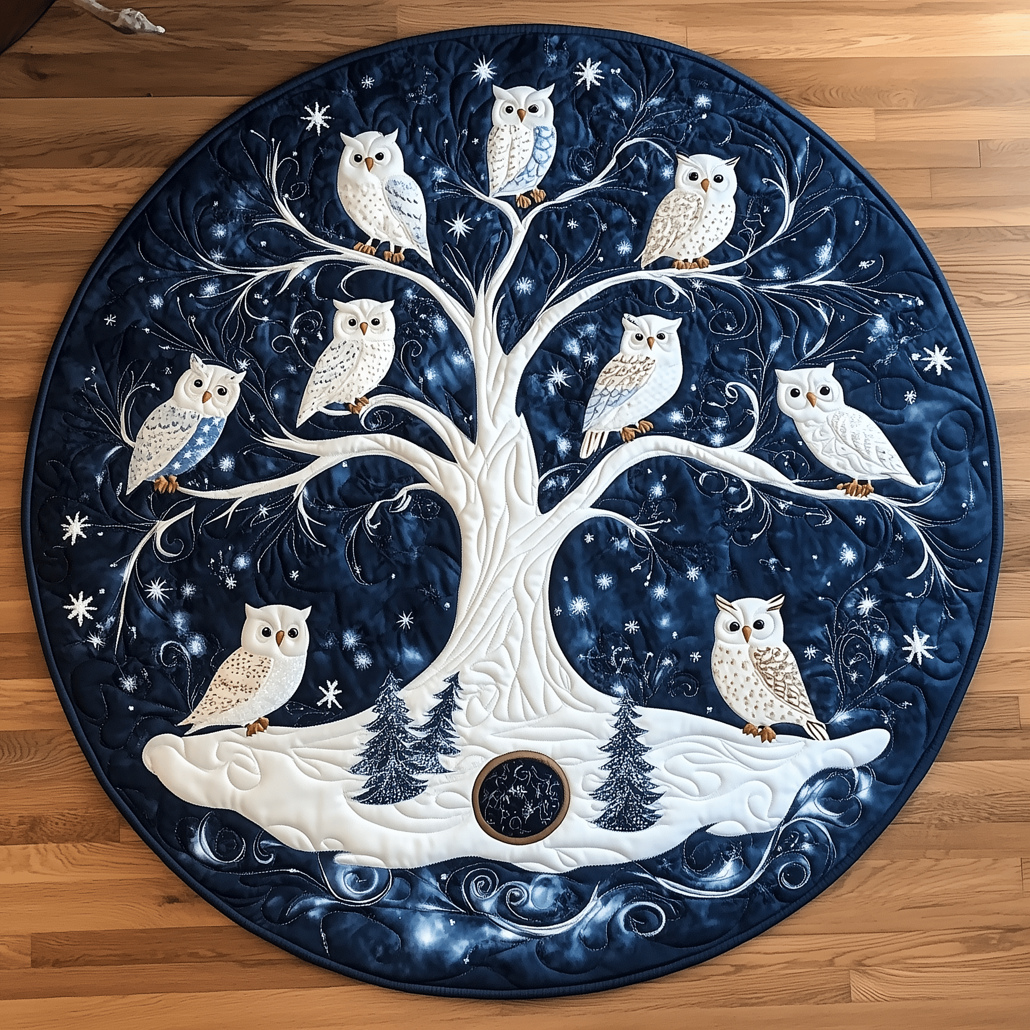 Snow Owls Quilted Round Mat Christmas Themed Item Gifts For Owl Lovers