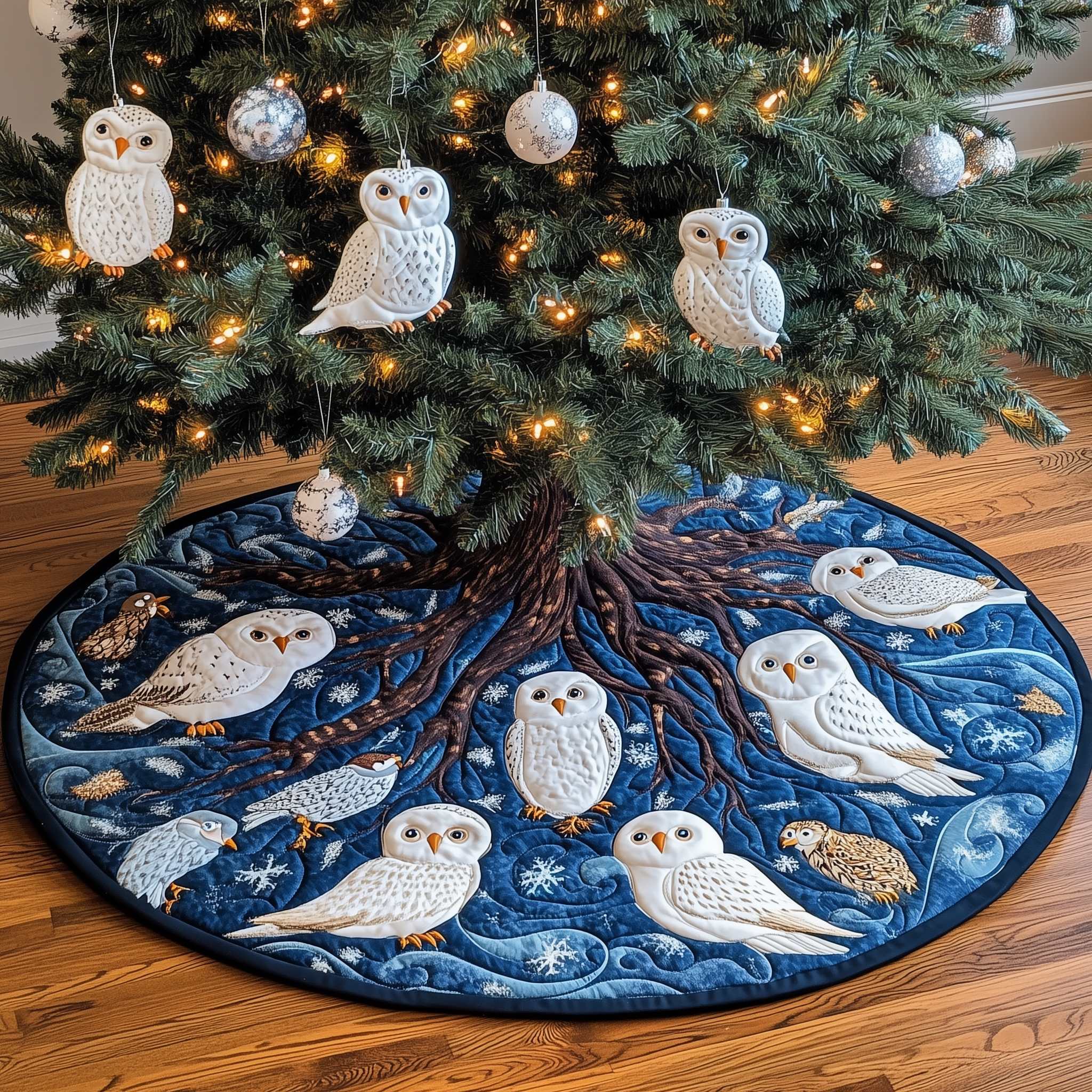Snow Owls Quilted Tree Skirt Xmas Tree Base Cover Decorations Christmas Best Gifts For Owl Lovers