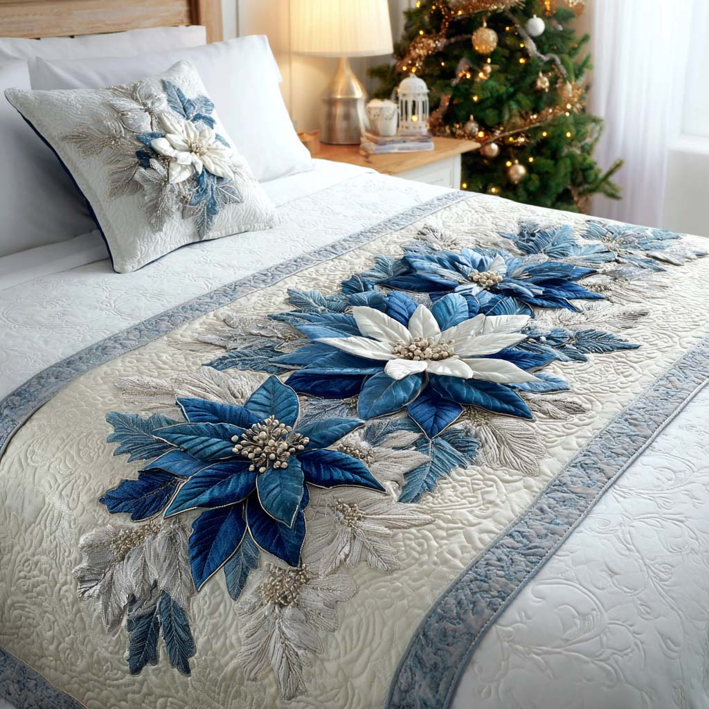 Snow Poinsettia Quilted Bed Runner Bed Christmas Decor Secret Santa Gift Ideas