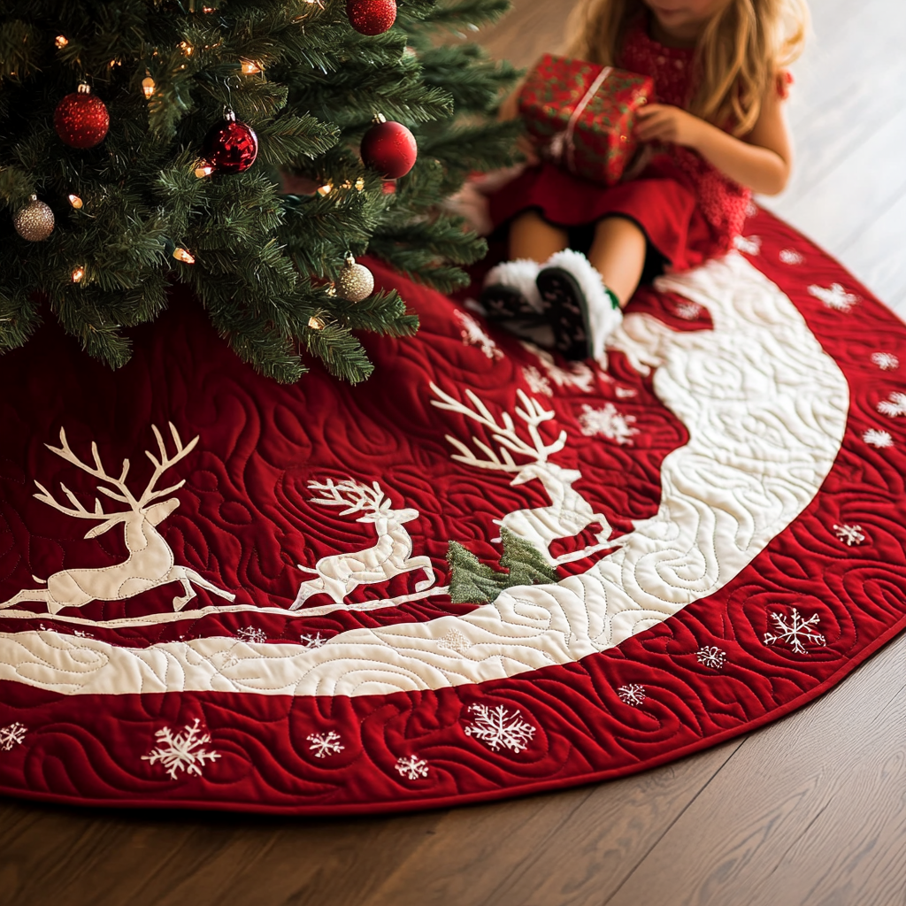 Snow Reindeer Quilted Christmas Tree Skirt Festive Christmas Tree Skirt for Holiday Decor Holiday Merch That Completes Your Christmas Setup