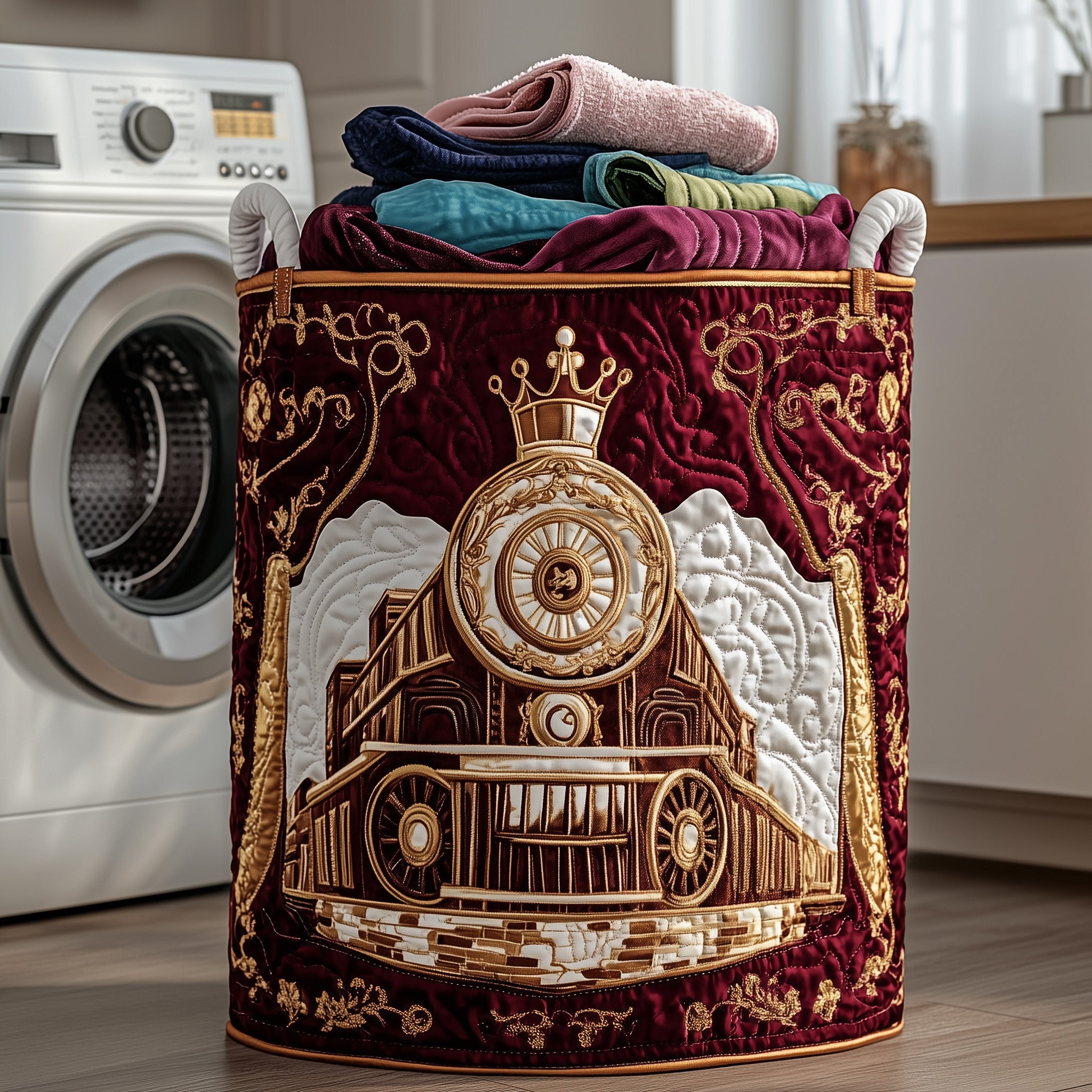 Snow Train Quilted Laundry Basket