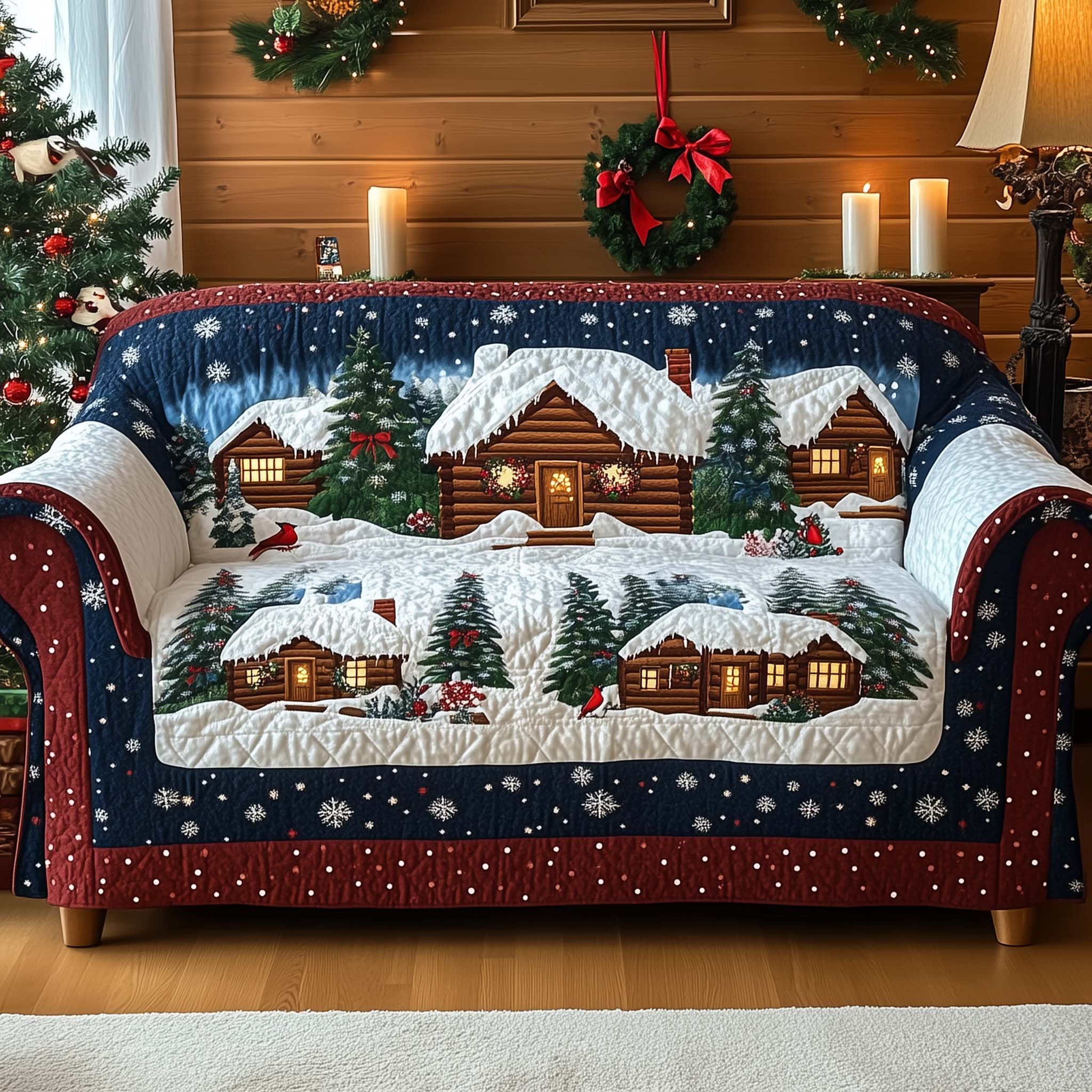 Snow Village Quilted Sofa Cover Scenic Snow Covered Village Gifts For House Warming