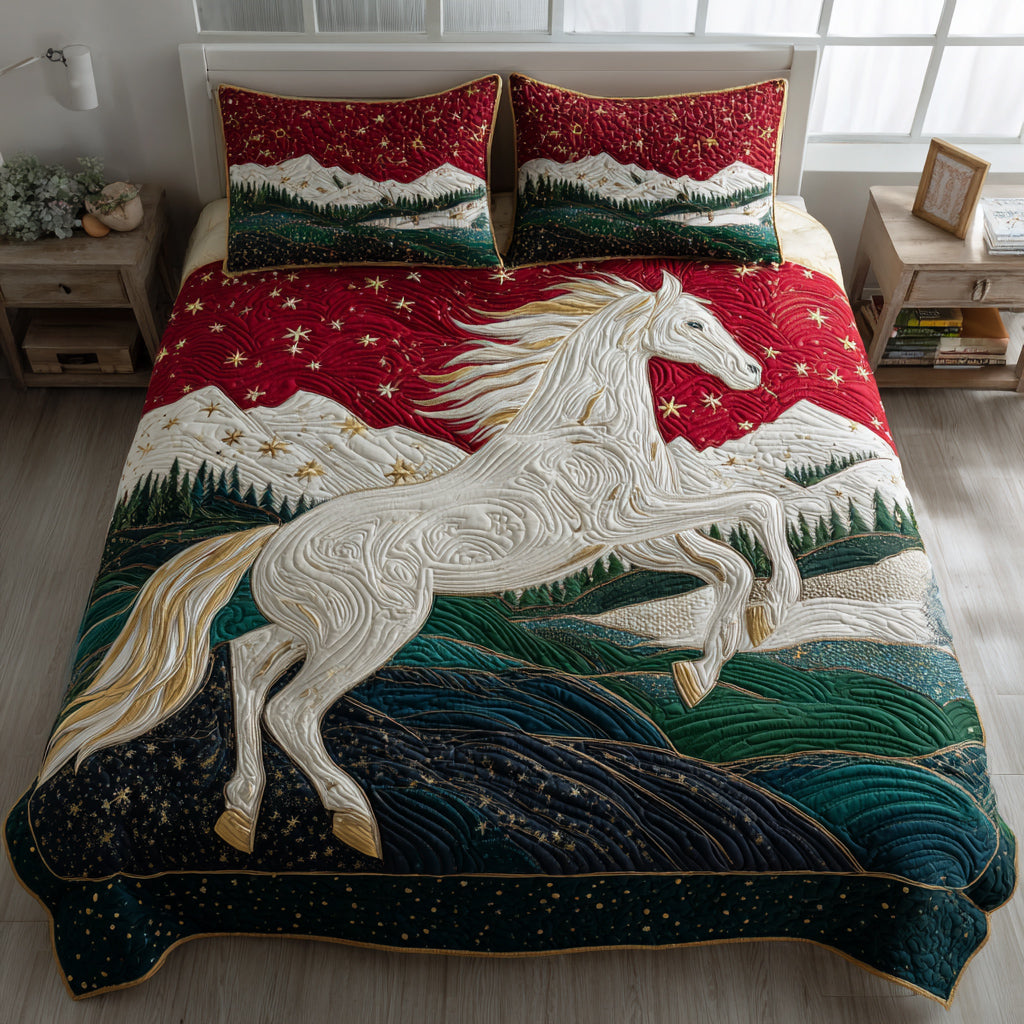Snow White Horse Quilted Bedding Set Christmas Bedding Duvet Cover Gifts For Horse Lovers Men