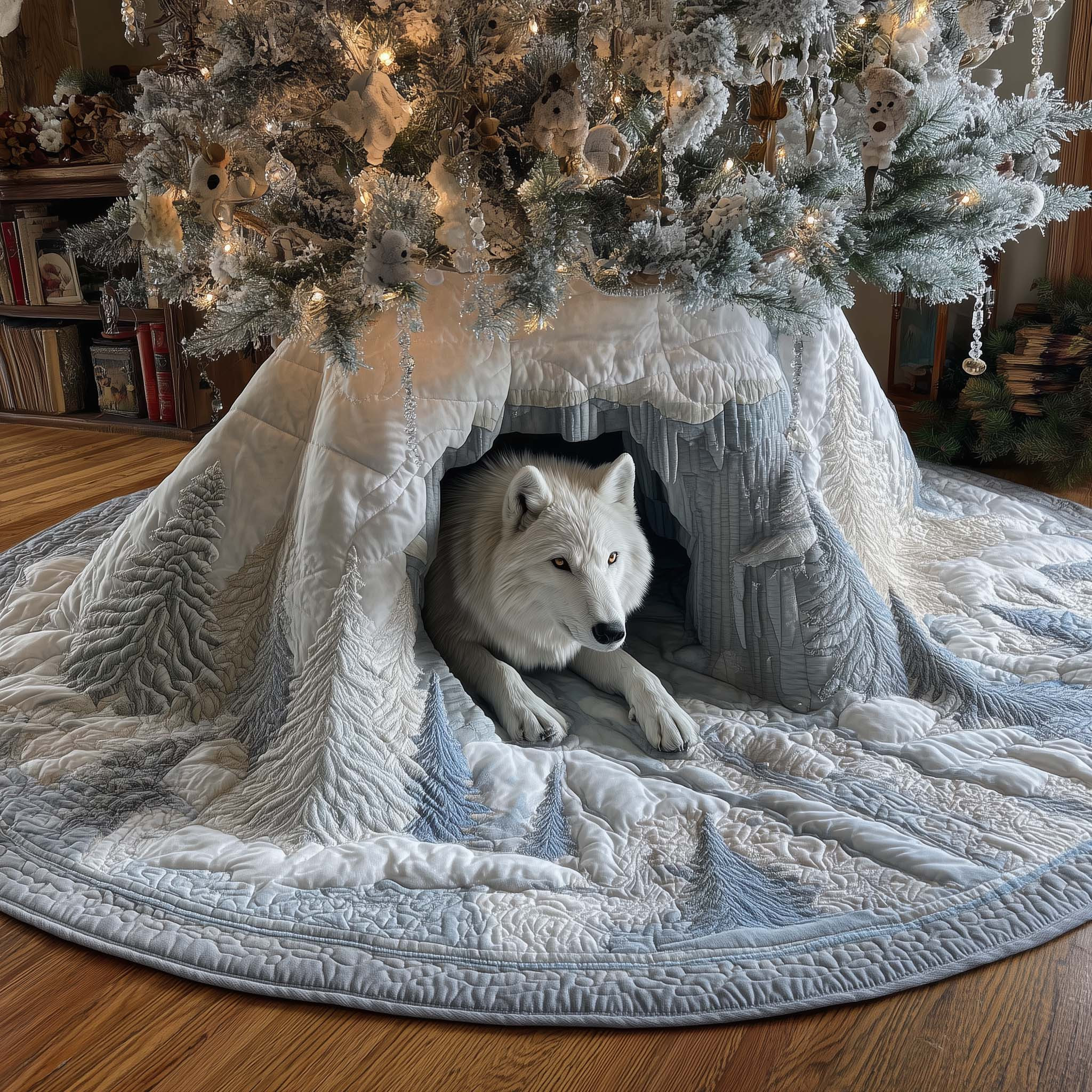 Snow Wolf Christmas Quilted Tree Skirt Xmas Decor Tree Bottom Cover Cozy Wolf Gifts