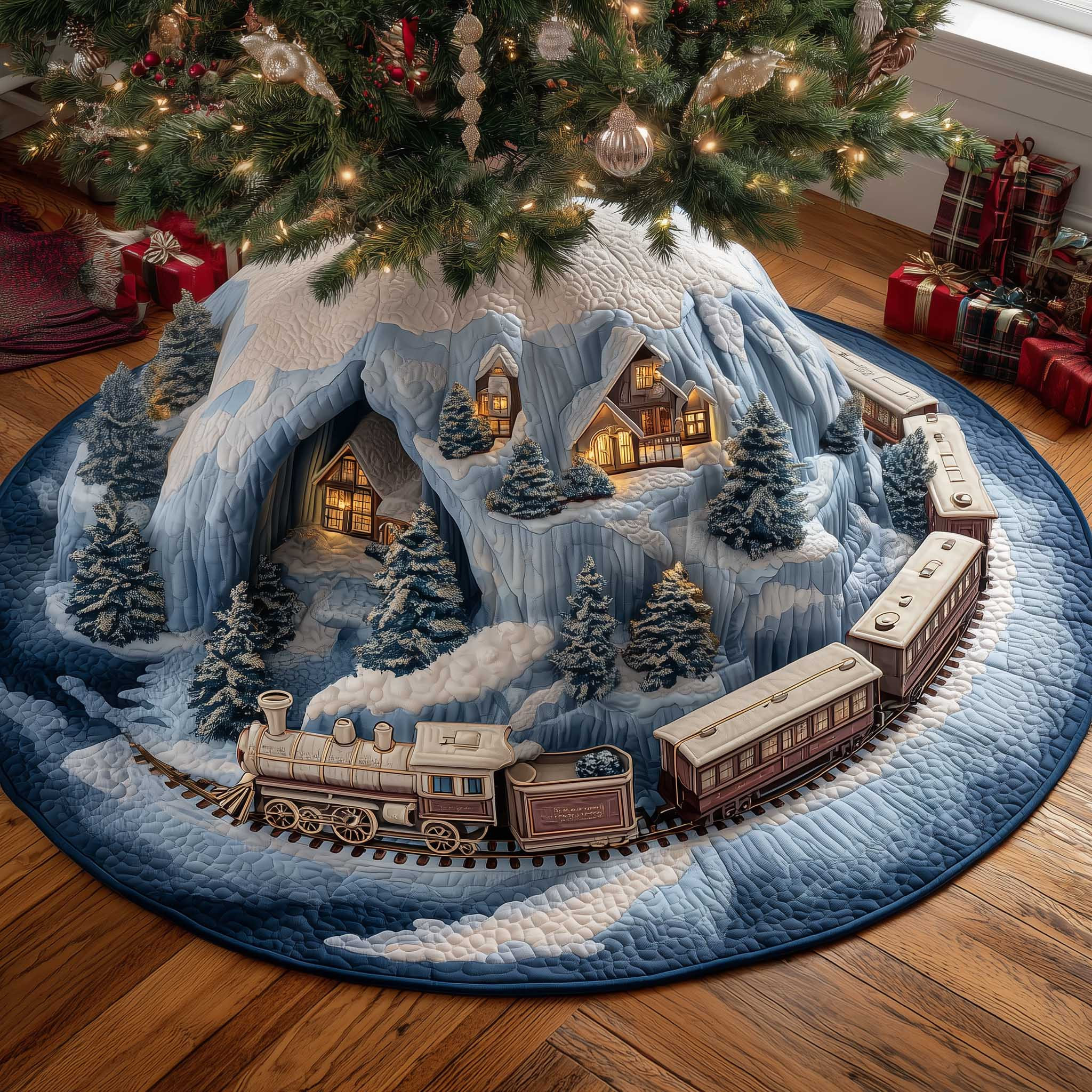 Snow Wonderland Christmas Quilted Tree Skirt Xmas Tree Base Cover Winter Inspired Gifts