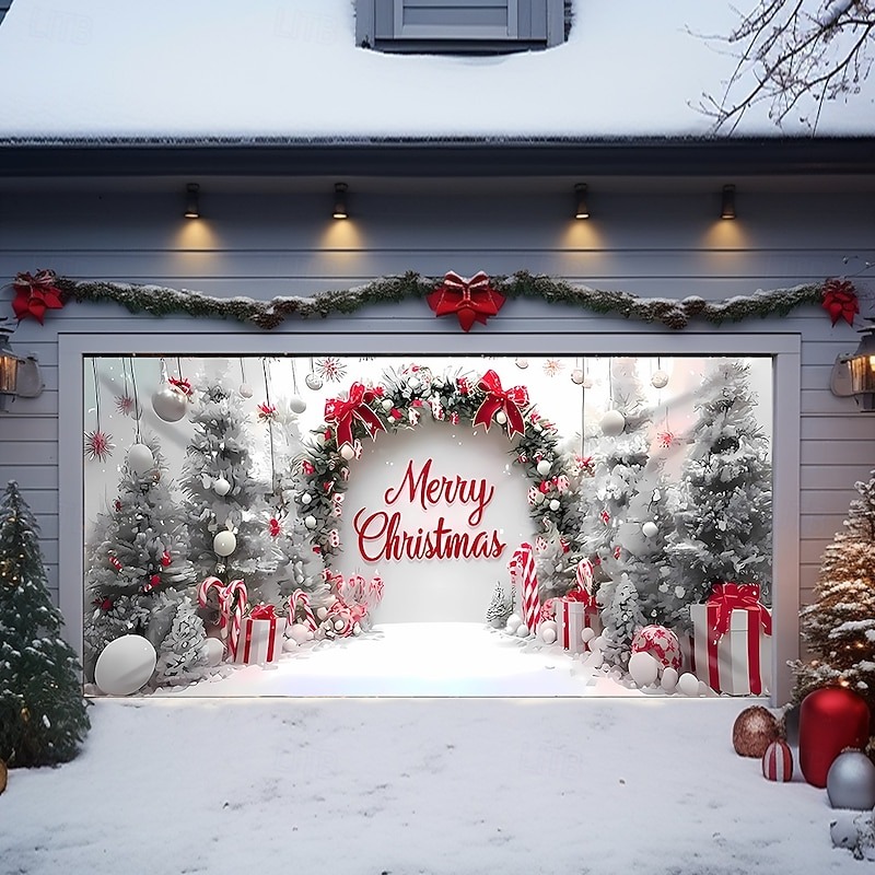Snow Wreath Merry Christmas Garage Door Cover Festive Outside Home Decor Gifts For Holiday