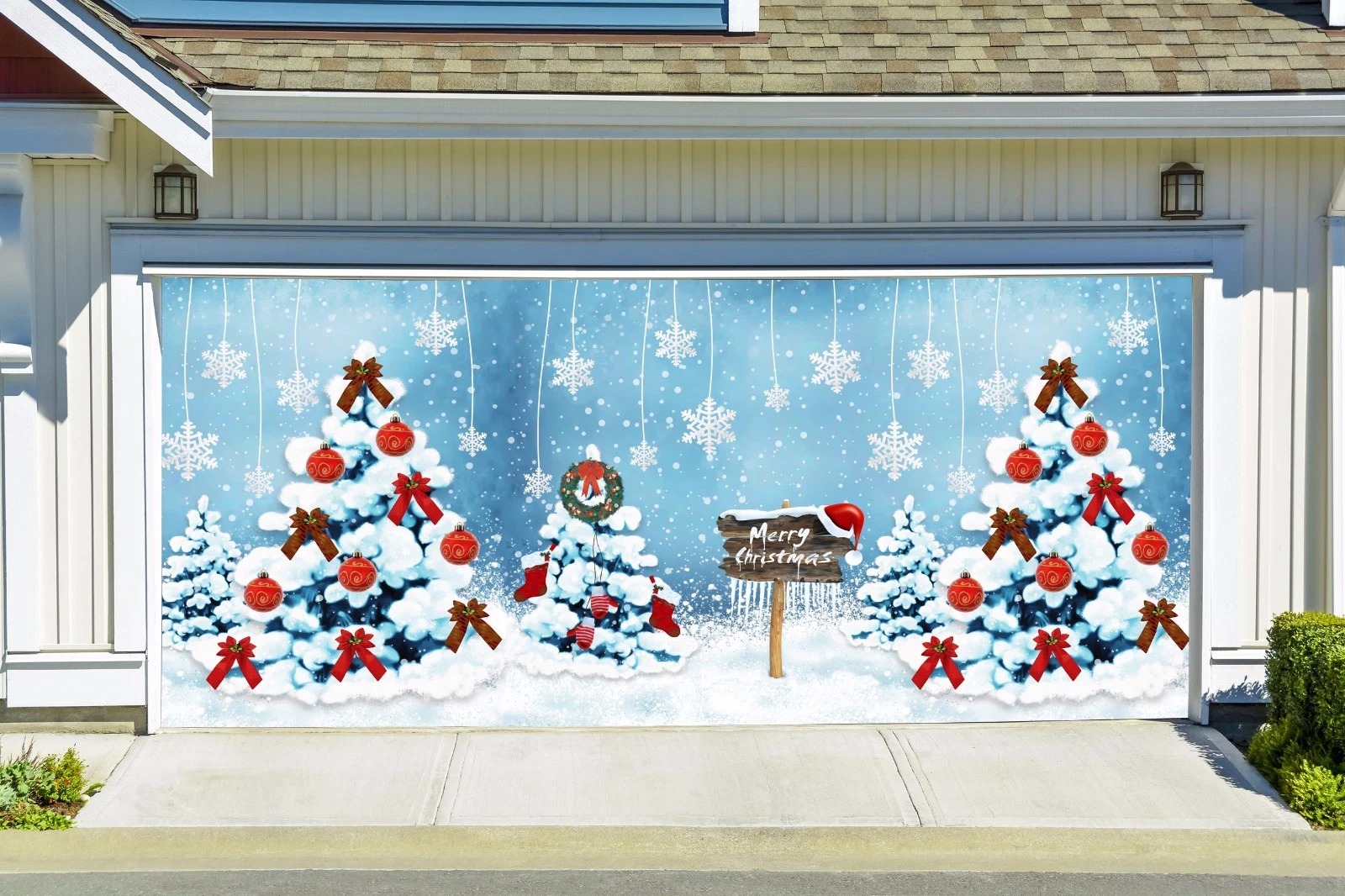 Snow Xmas Tree Merry Christmas Garage Door Cover Winter Garage Cover Decor Snow Gifts