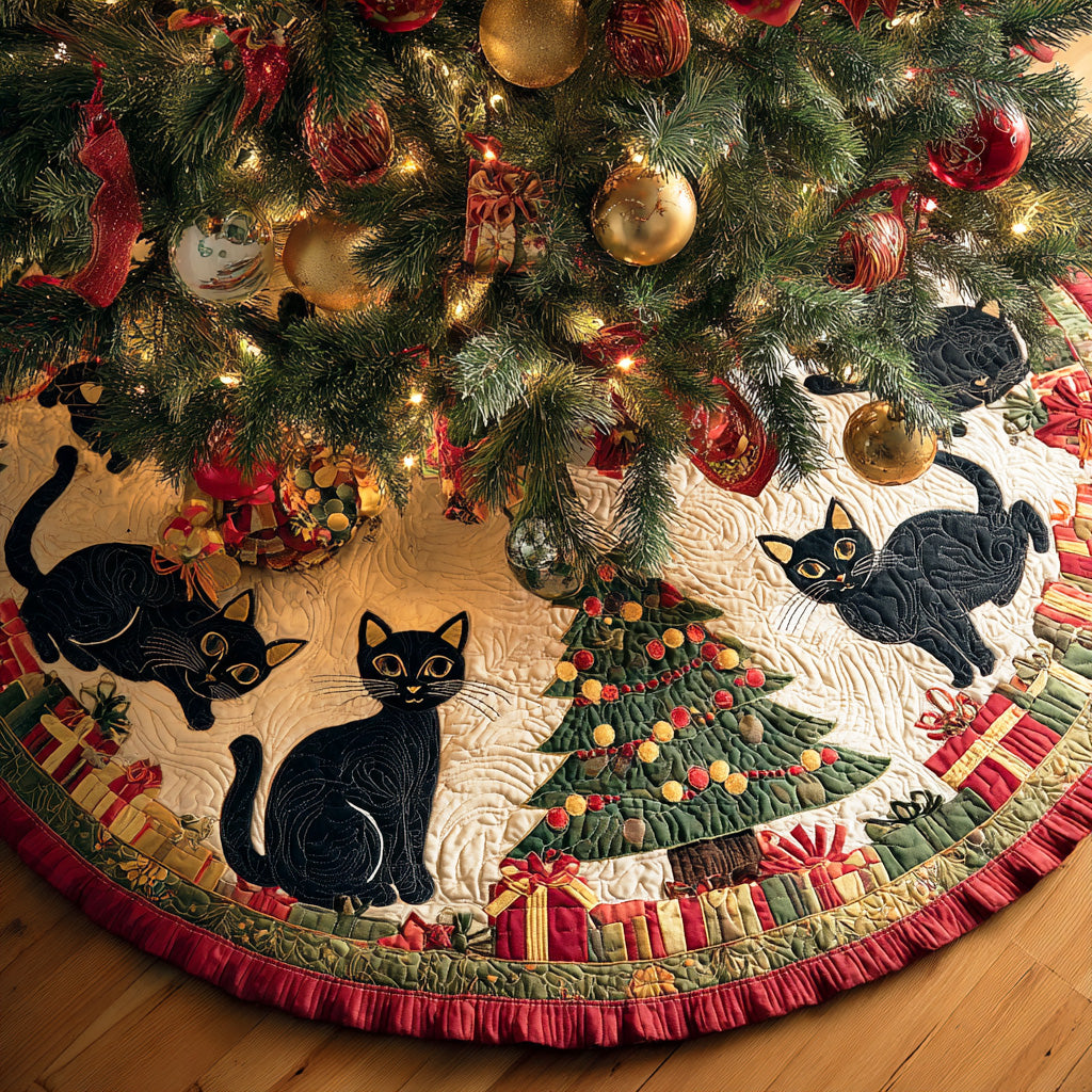 Snowbell Black Cat Christmas Quilted Tree Skirt Charming Quilted Tree Skirt Gift for Festive Spirit
