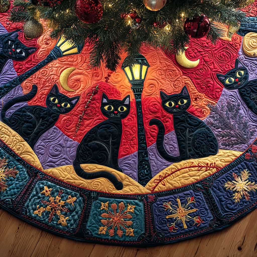 Snowbell Black Cat Christmas Quilted Tree Skirt Holiday Decorations Black Cat Mom Gifts