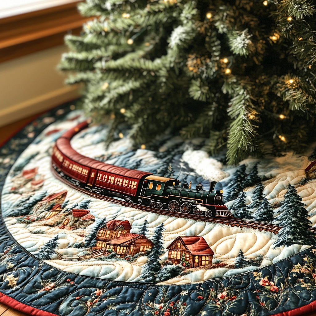Snowbound Express Quilted Christmas Tree Skirt Winter Holiday Decor Family Christmas Presents