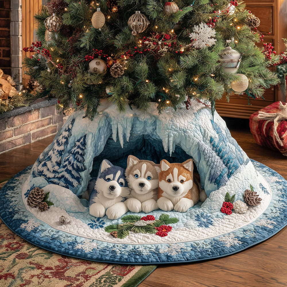 Snowbound Husky Crew Christmas Quilted Tree Skirt Xmas Tree Decor Siberian Husky Gift Items