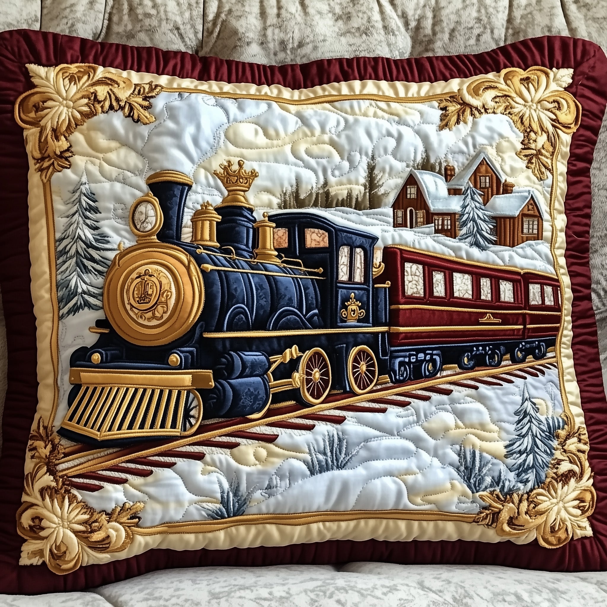 Snowbound Majestic Quilted Pillow Case Square Pillow Cushion CoverGifts For Model Train Enthusiasts