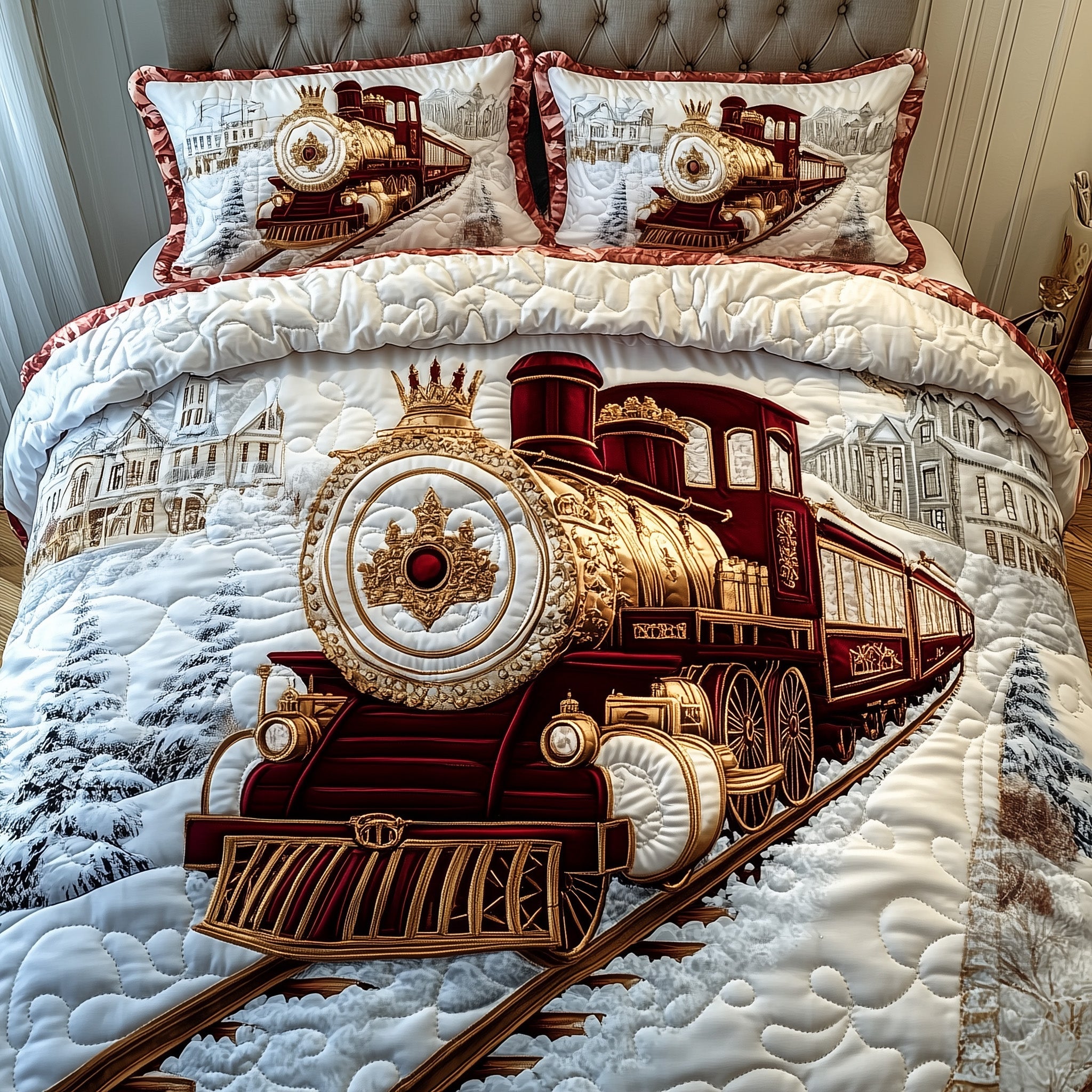 Snowbound Majesty Quilted Bedding Set Duvet Cover Merchandise Gift Ideas For Train Lovers