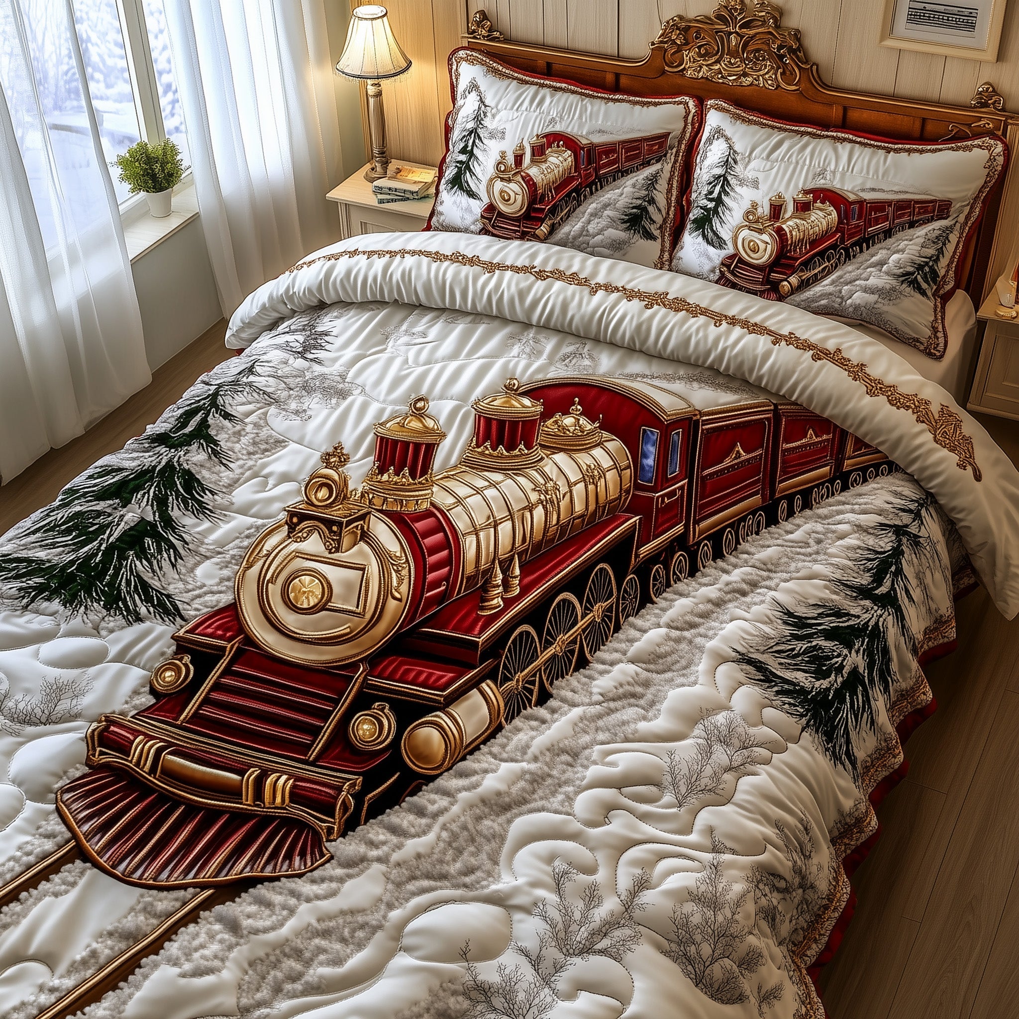 Snowbound Majesty Quilted Bedding Set Duvet Cover Merchandise Presents For Train Lovers