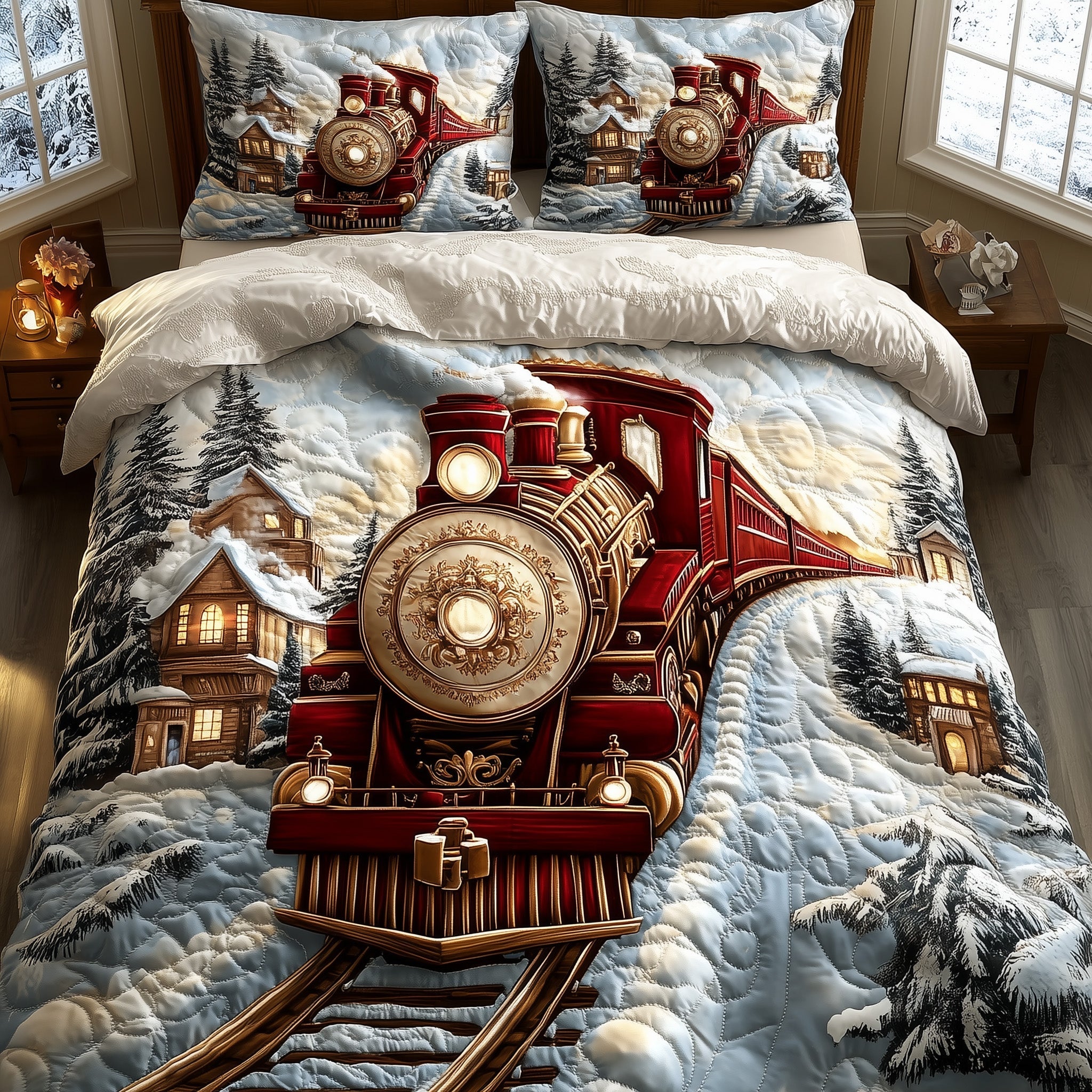 Snowbound Majesty Quilted Bedding Set Duvet Cover Merchandise Train Gifts For Dad
