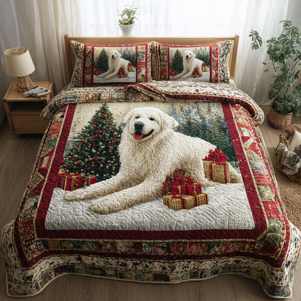 Snowfall Great Pyrenees Quilted Bedding Set Holiday Duvet Covers Christmas Presents For Dog Lovers