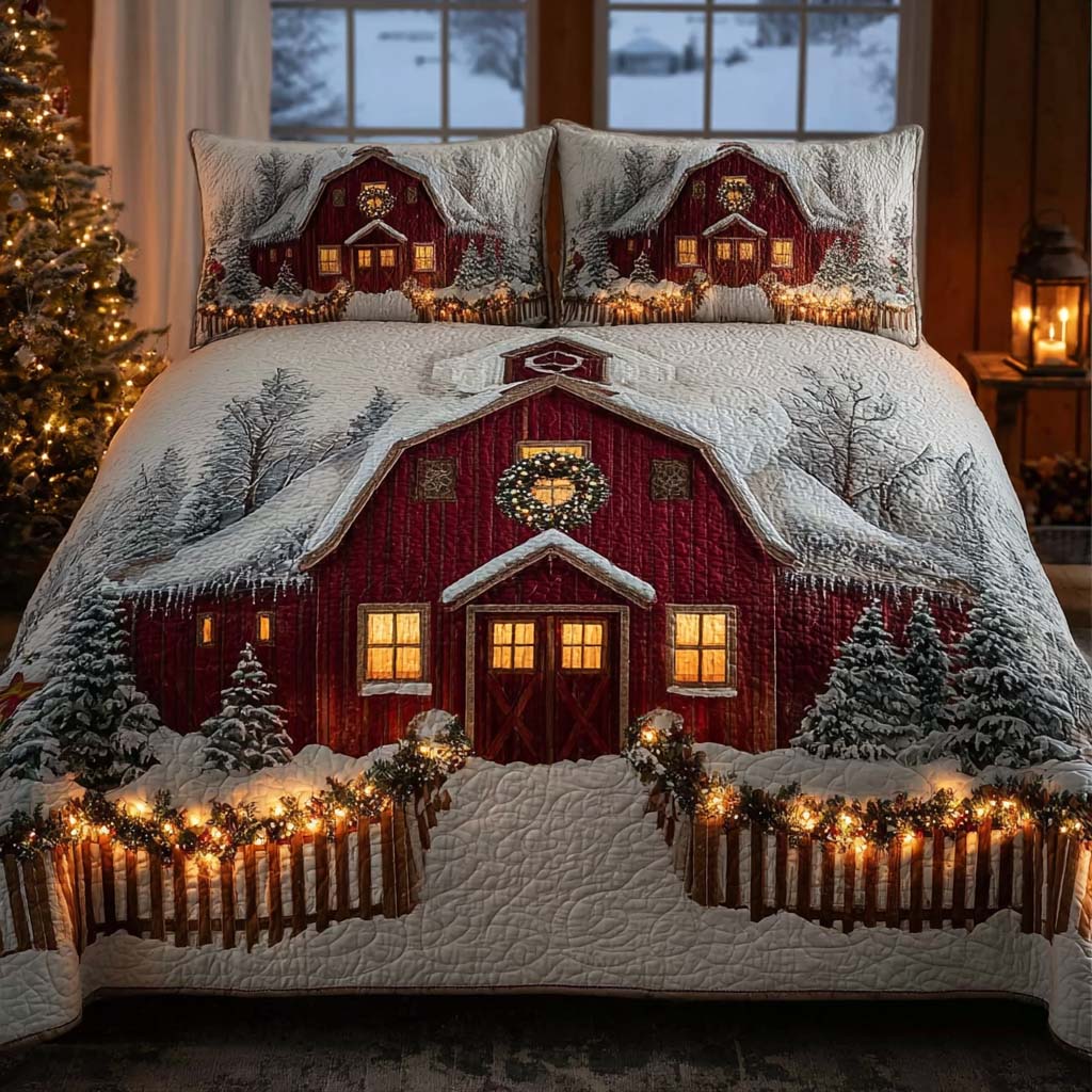Snowfall Over The Red Barn Quilted Bedding Set Full Size Bed Set Farmhouse Holiday Gift For Dad