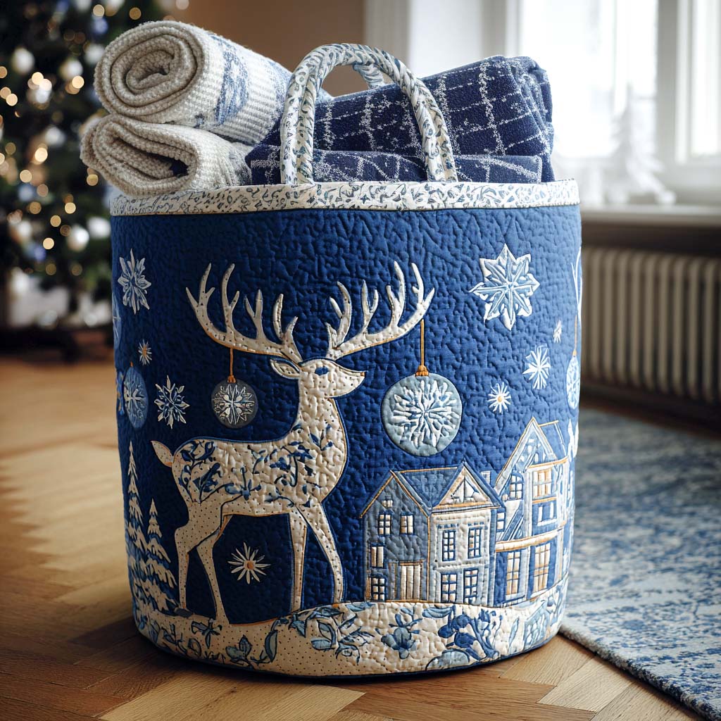 Snowfall Reindeer Quilted Laundry Basket Best Quilted Laundry Basket Gift for Friends and Family