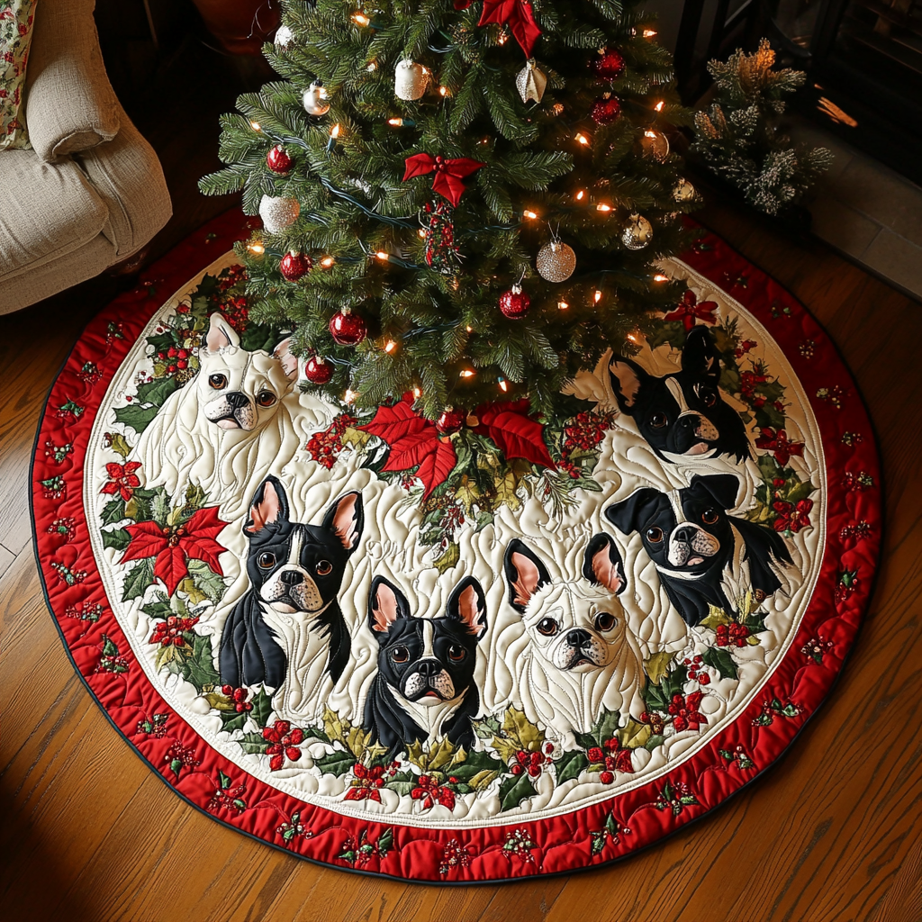 Snowflake Boston Terrier Delight Christmas Quilted Tree Skirt Seasonal Gift Merch for Festive Homes