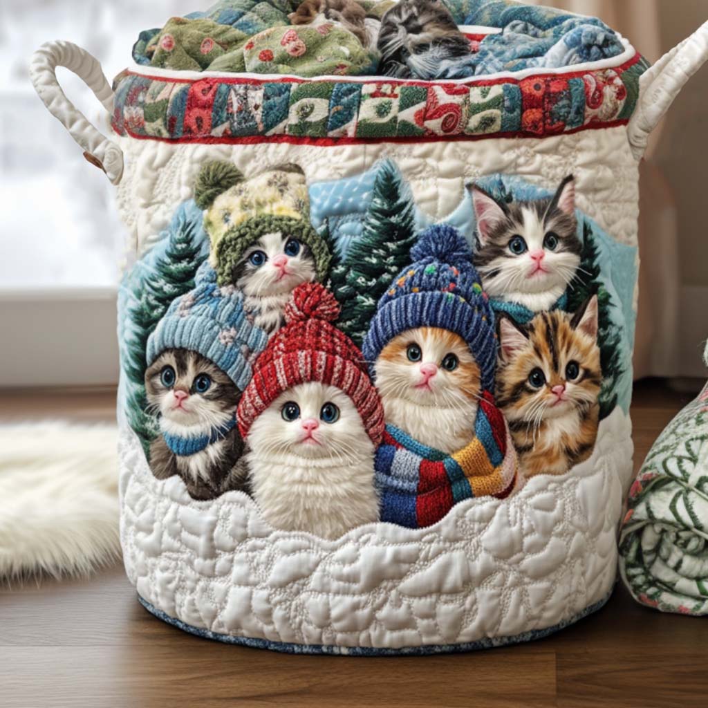 Snowflake Cat Quilted Laundry Basket Best Quilted Laundry Basket Gift for Friends and Family