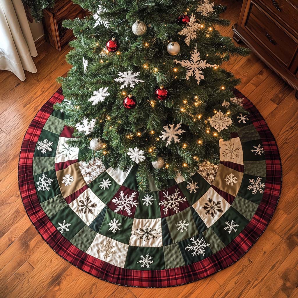 Snowflake Charm Christmas Quilted Tree Skirt Holiday Living Room Decor