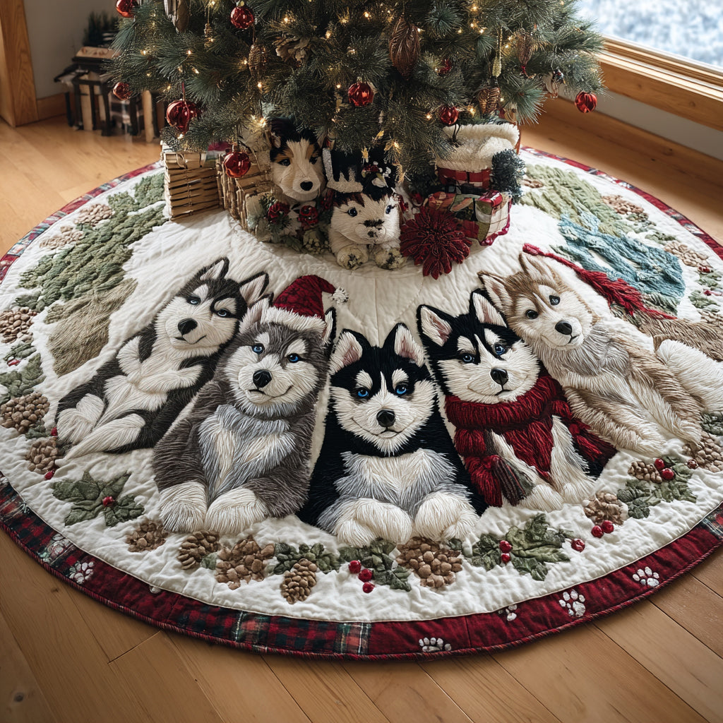 Snowflake Husky Joy Quilted Christmas Tree Skirt Xmas Tree Base Cover Husky Christmas Tree Decoration