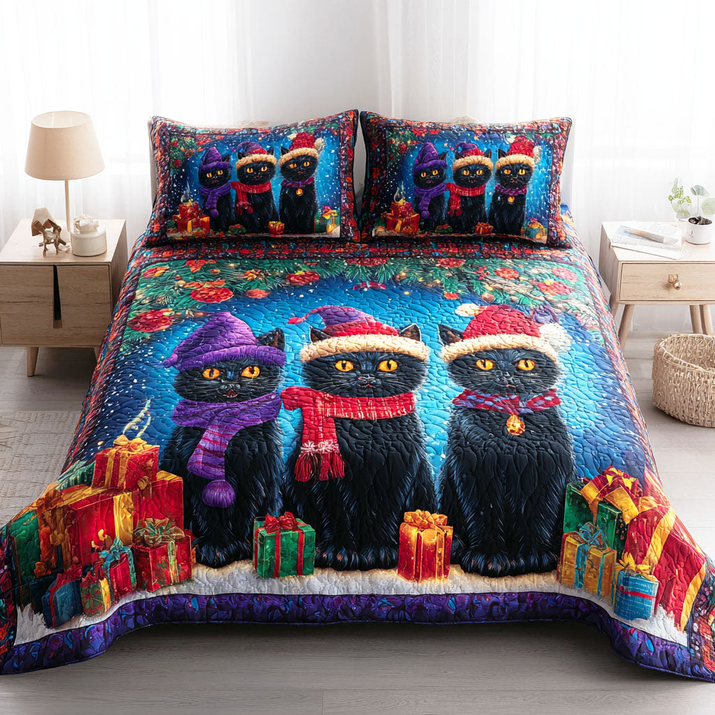 Snowflake Paws Quilted Bedding Set Christmas Bedding Sets Black Cat Presents