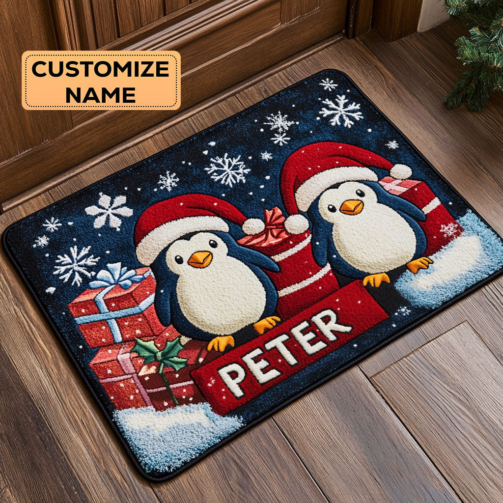 Snowflake Penguins Custom Personalized Doormat Blanket Perfect Gift For Friends and Family on Christmas Day