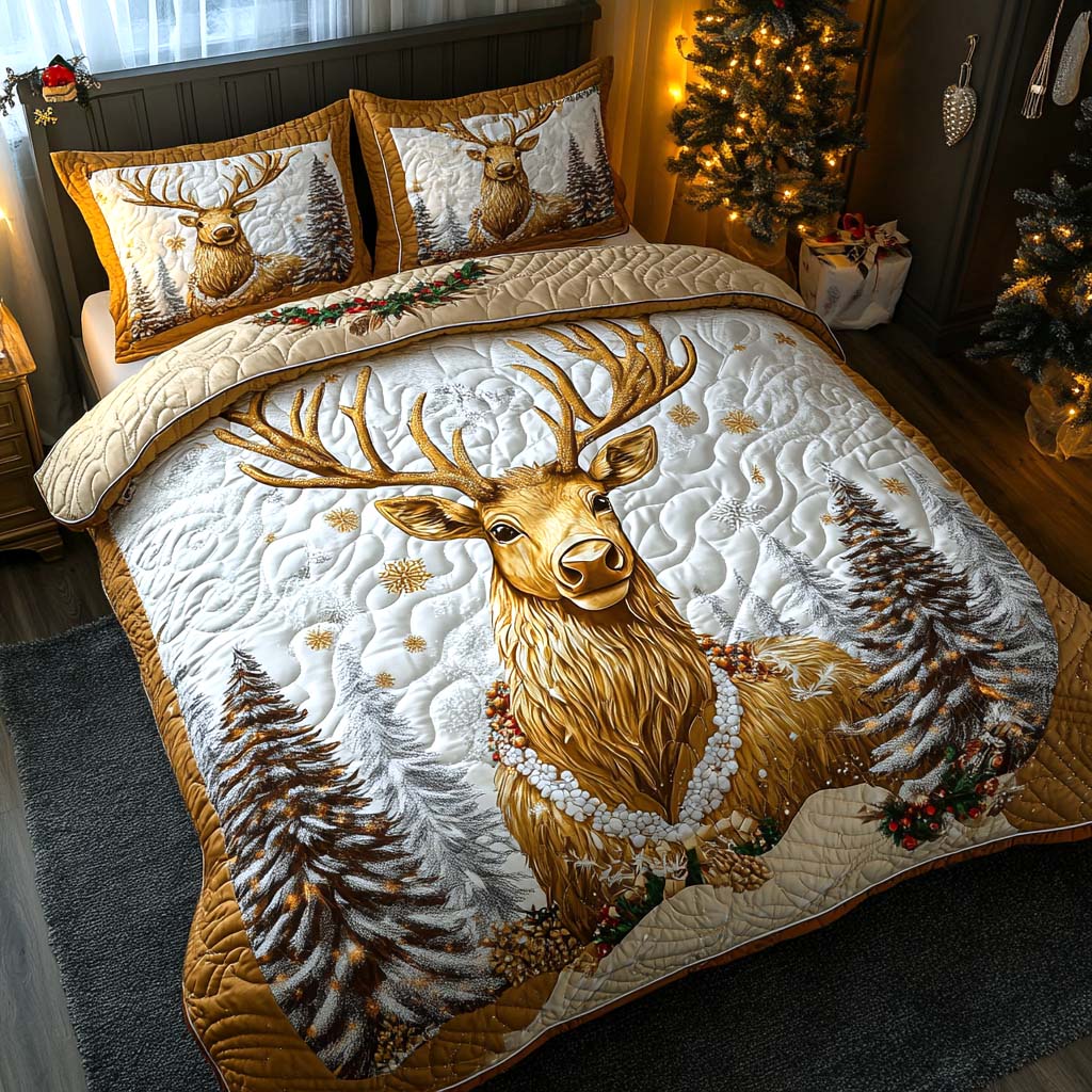 Snowland Guardian Quilted Bedding Set Christmas Themed Duvet Sets Top Gifts For Deer Hunters