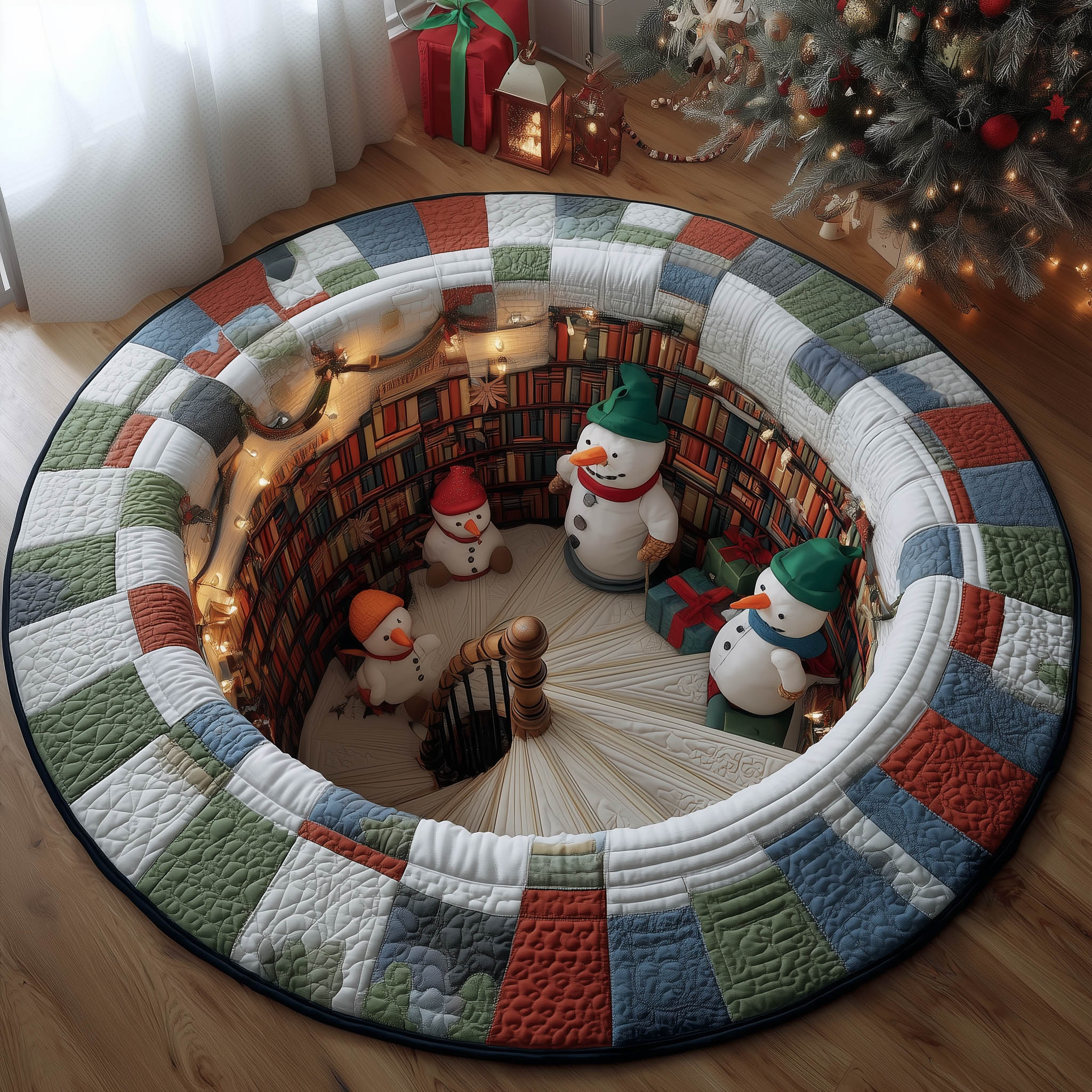 Snowman Book Nook Quilted Round Mat Cozy Quilted Round Mat for Warm Ambiance