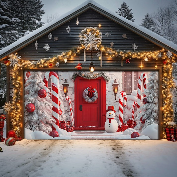 Snowman Candy Cane Christmas Garage Door Cover Festive Christmas Outdoor Home Decor Gifts