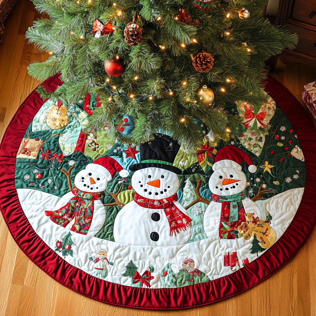 Snowman Charm Christmas Quilted Tree Skirt Perfect Holiday Gift for Home Decor Lovers