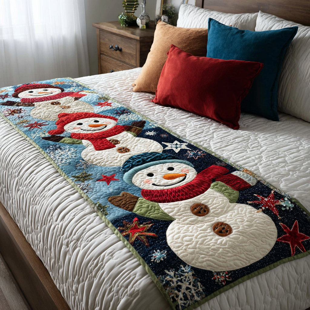 Snowman Charm Quilted Bed Runner Christmas Bedding Ideas Family Xmas Ideas
