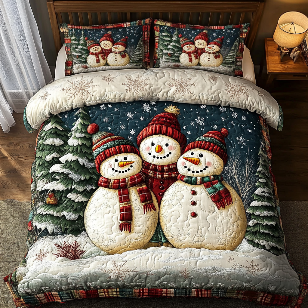 Snowman Charm Quilted Bedding Set Best Christmas Duvet Cover Set Gifts For Snowman Lovers