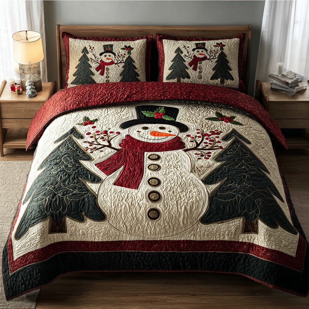 Snowman Charm Quilted Bedding Set Xmas Holiday Duvet Cover Set Snowman Christmas Presents